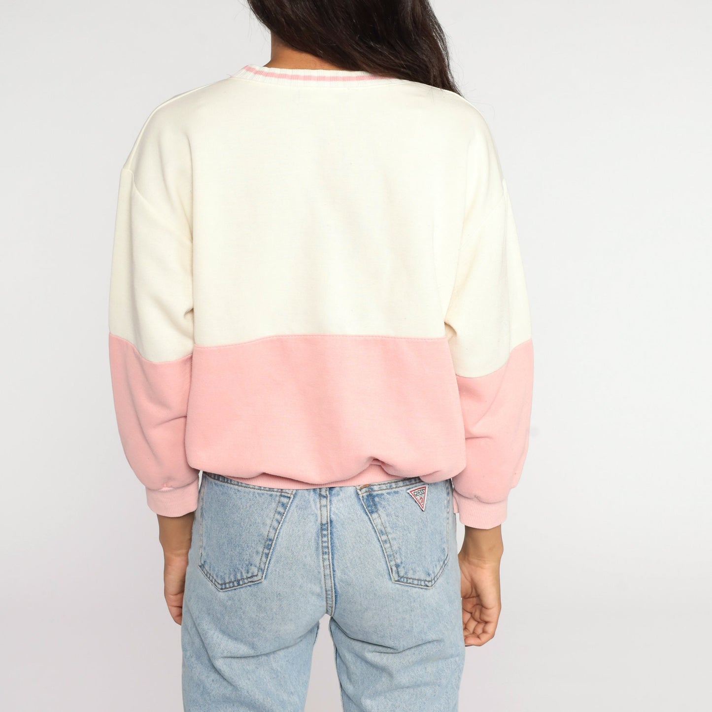 80s Teddy Bear Graphic Sweatshirt Pink Colour Block White Crewneck Small