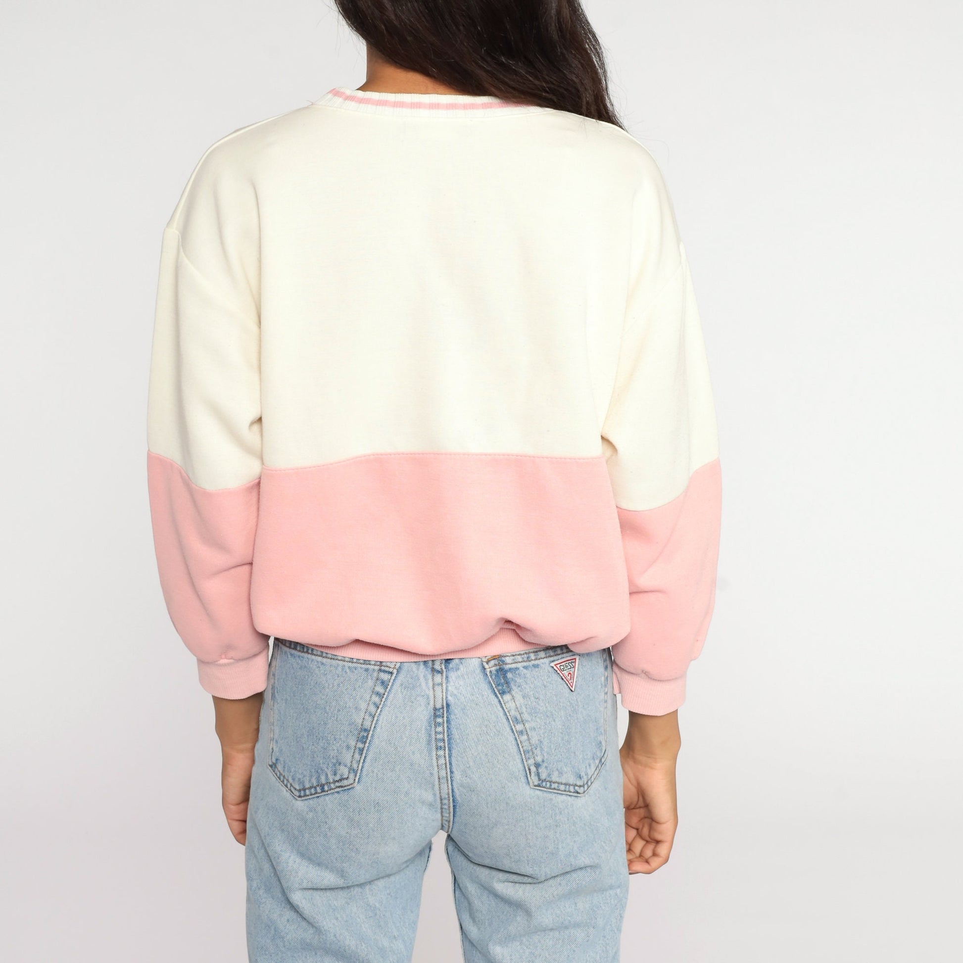 80s Teddy Bear Graphic Sweatshirt Pink Colour Block White Crewneck Small