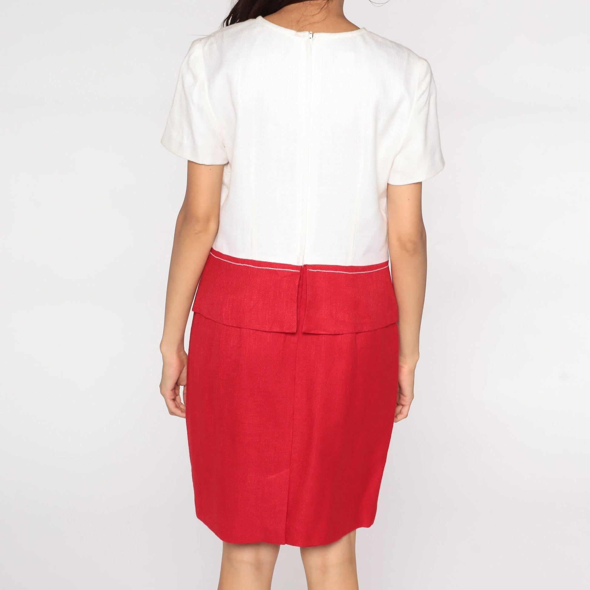 80s Red White Colour Block Pencil Dress High Waist Mini Short Sleeve Medium