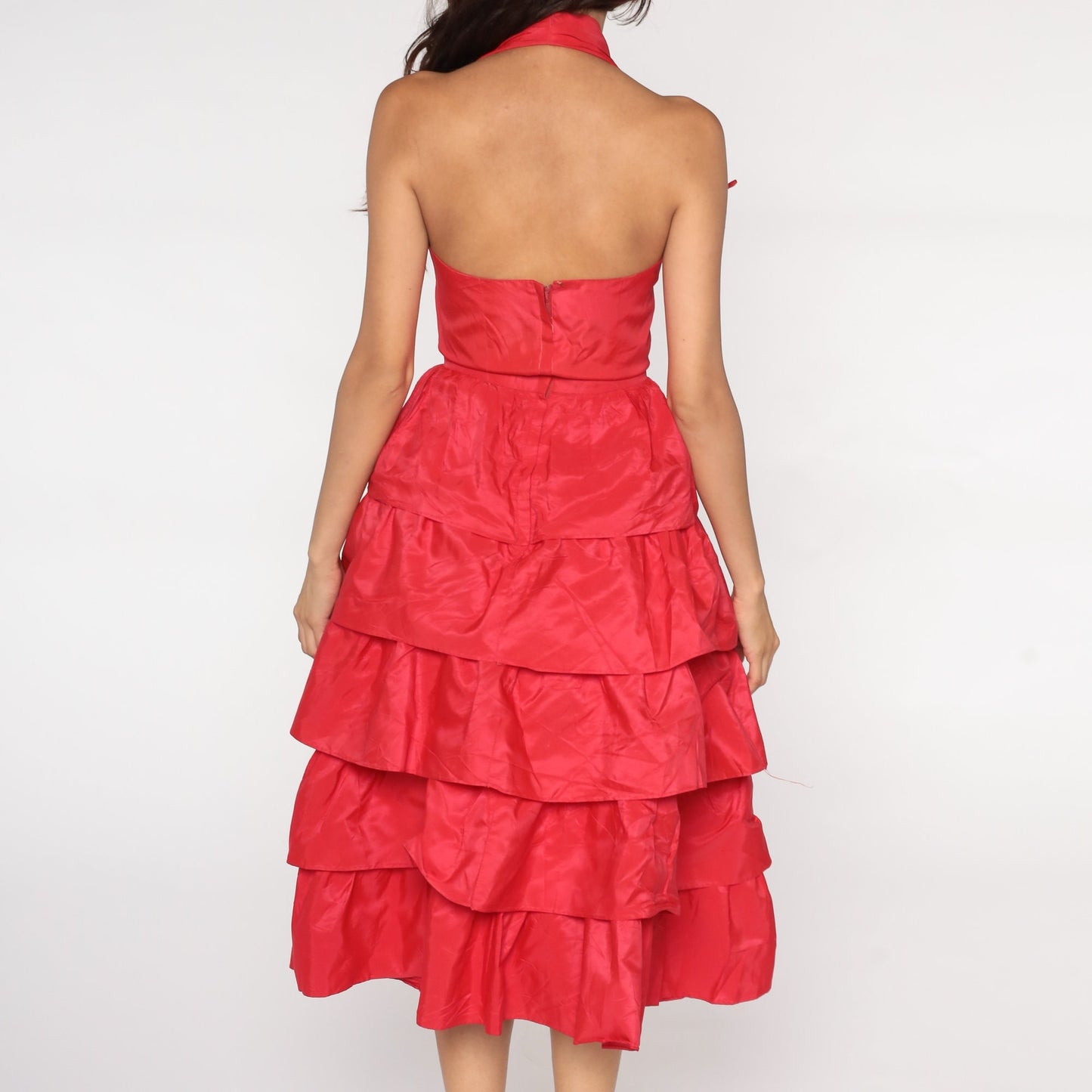 50s Red Halter Party Dress Tiered Skirt V Neck Tea Length Extra Small