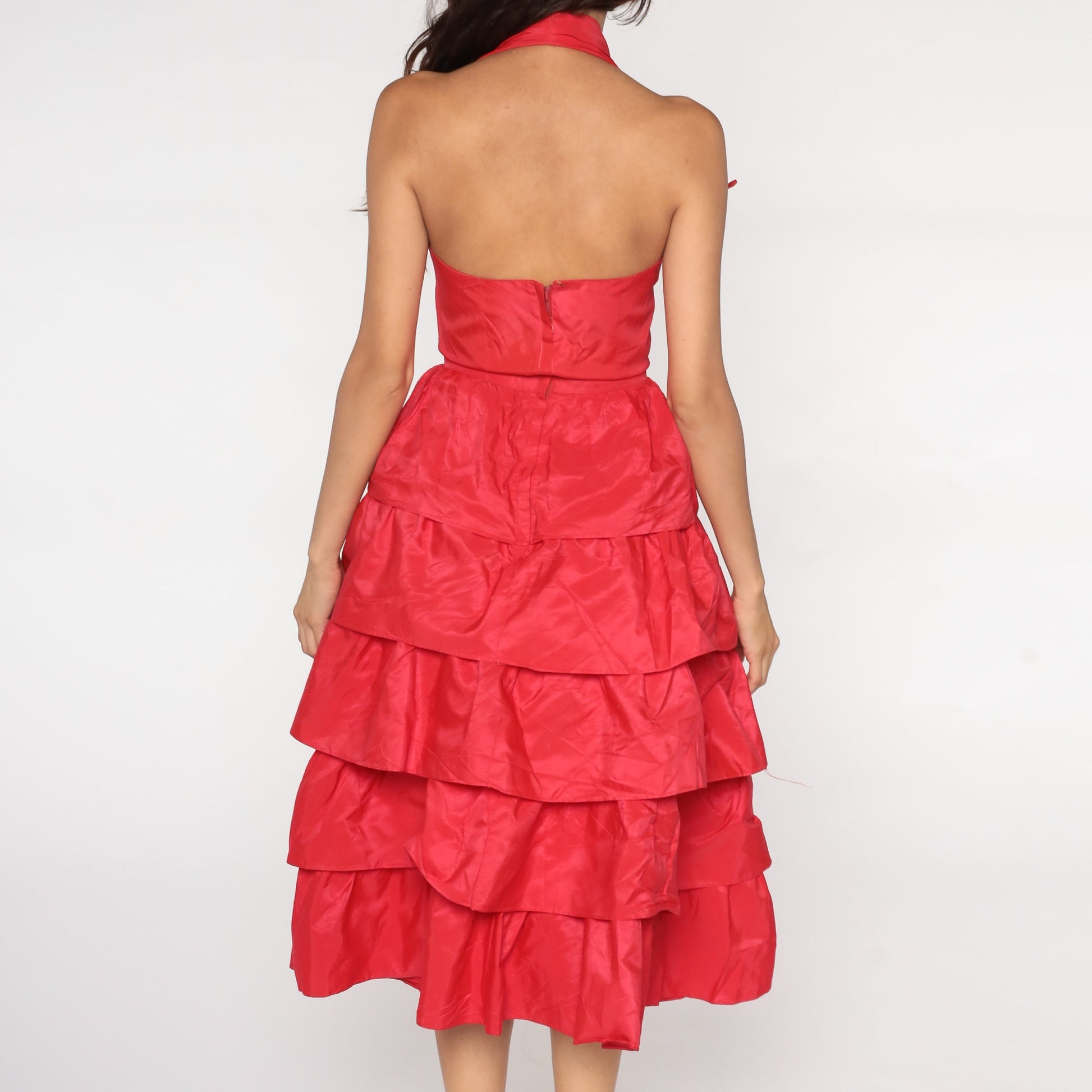 50s Red Halter Party Dress Tiered Skirt V Neck Tea Length Extra Small