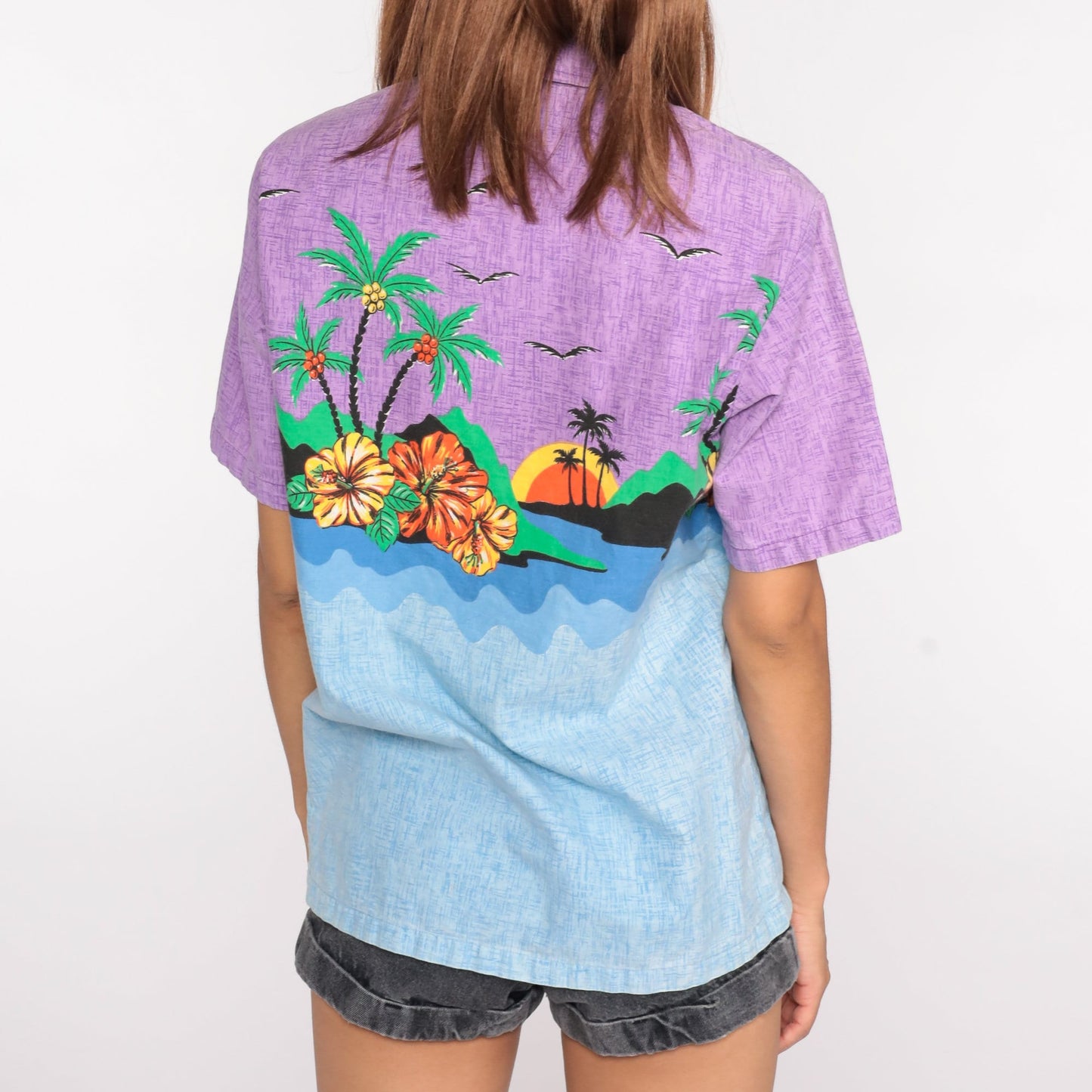 70s Tropical Palm Tree Flower Print Button-Up Shirt Blue Purple Cotton Medium
