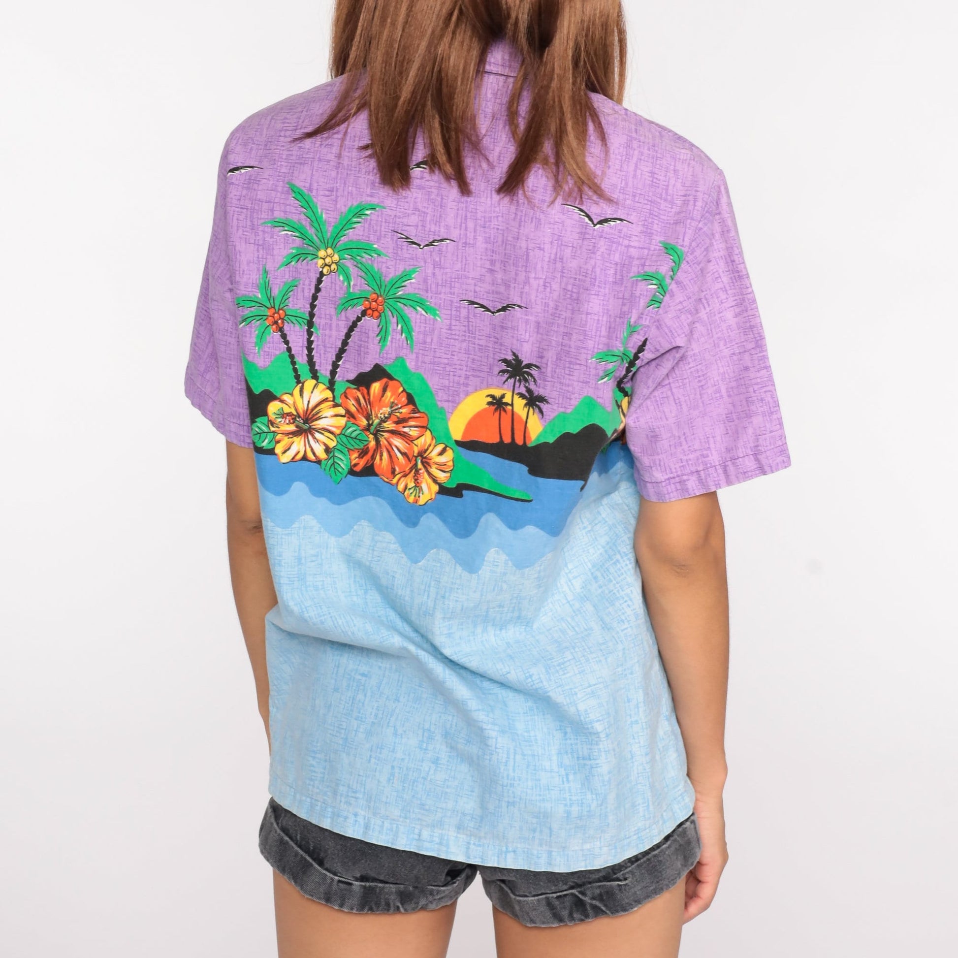 70s Tropical Palm Tree Flower Print Button-Up Shirt Blue Purple Cotton Medium