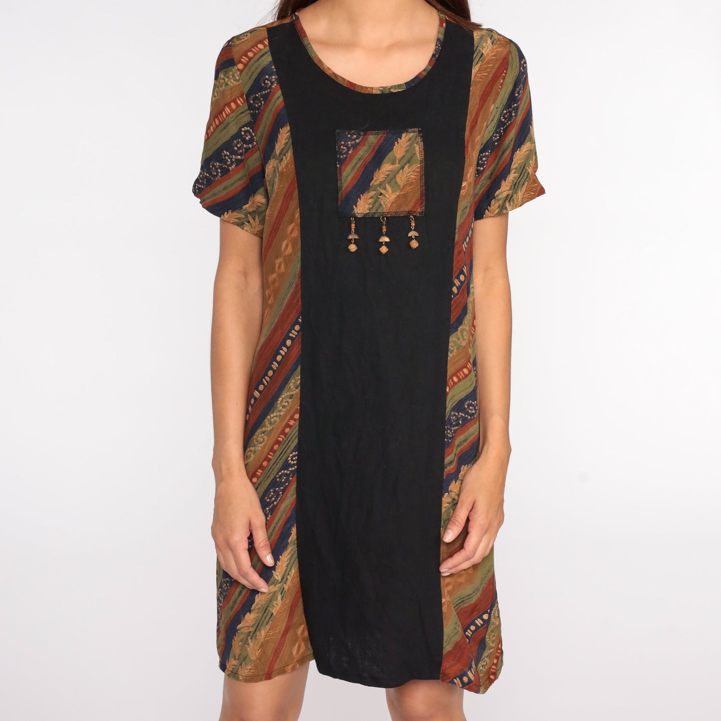 90s Striped Mini Dress Beaded Chest Black Shift Small S