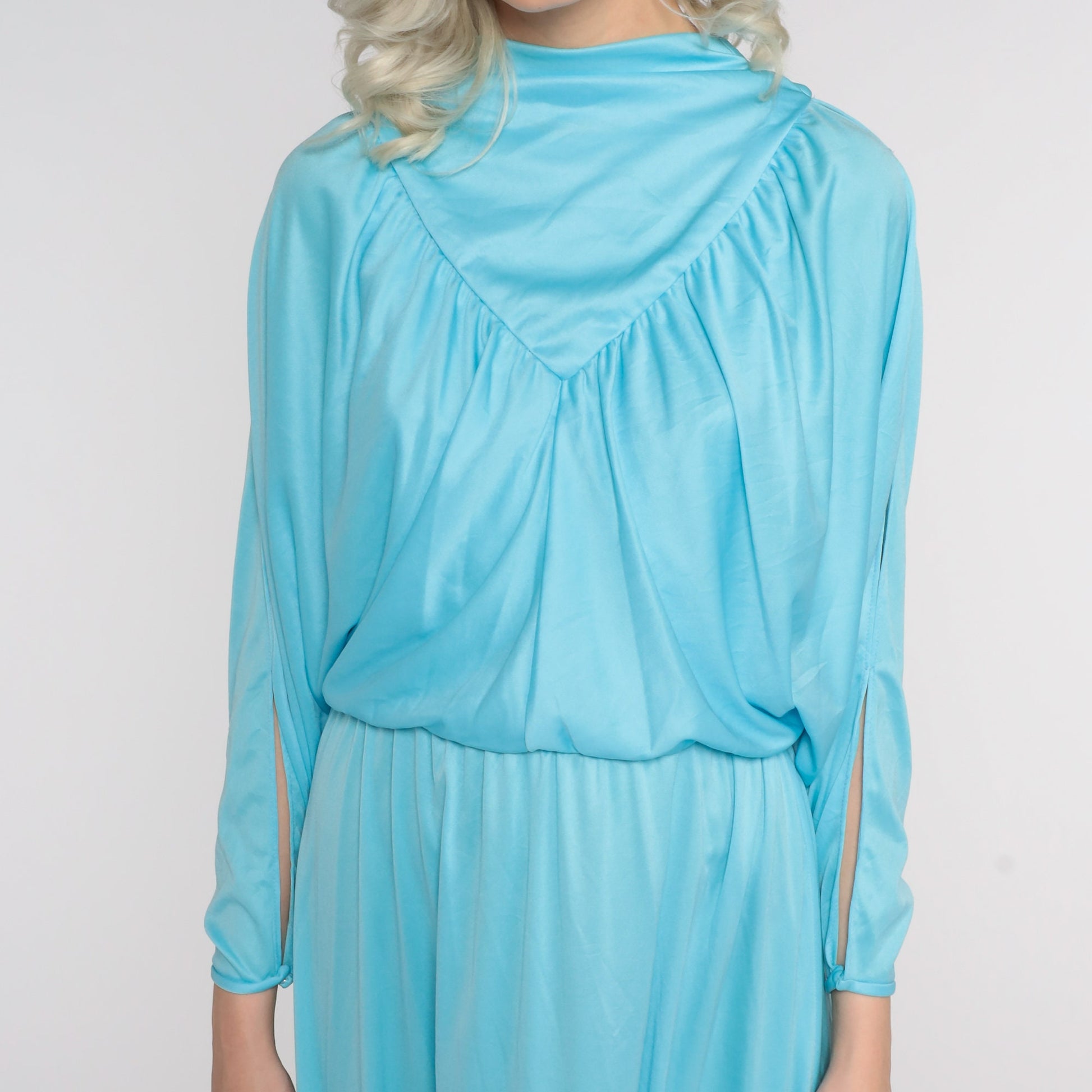 70s Blue Maxi Dress Split Sleeve Blouson Bodice Grecian Small Medium
