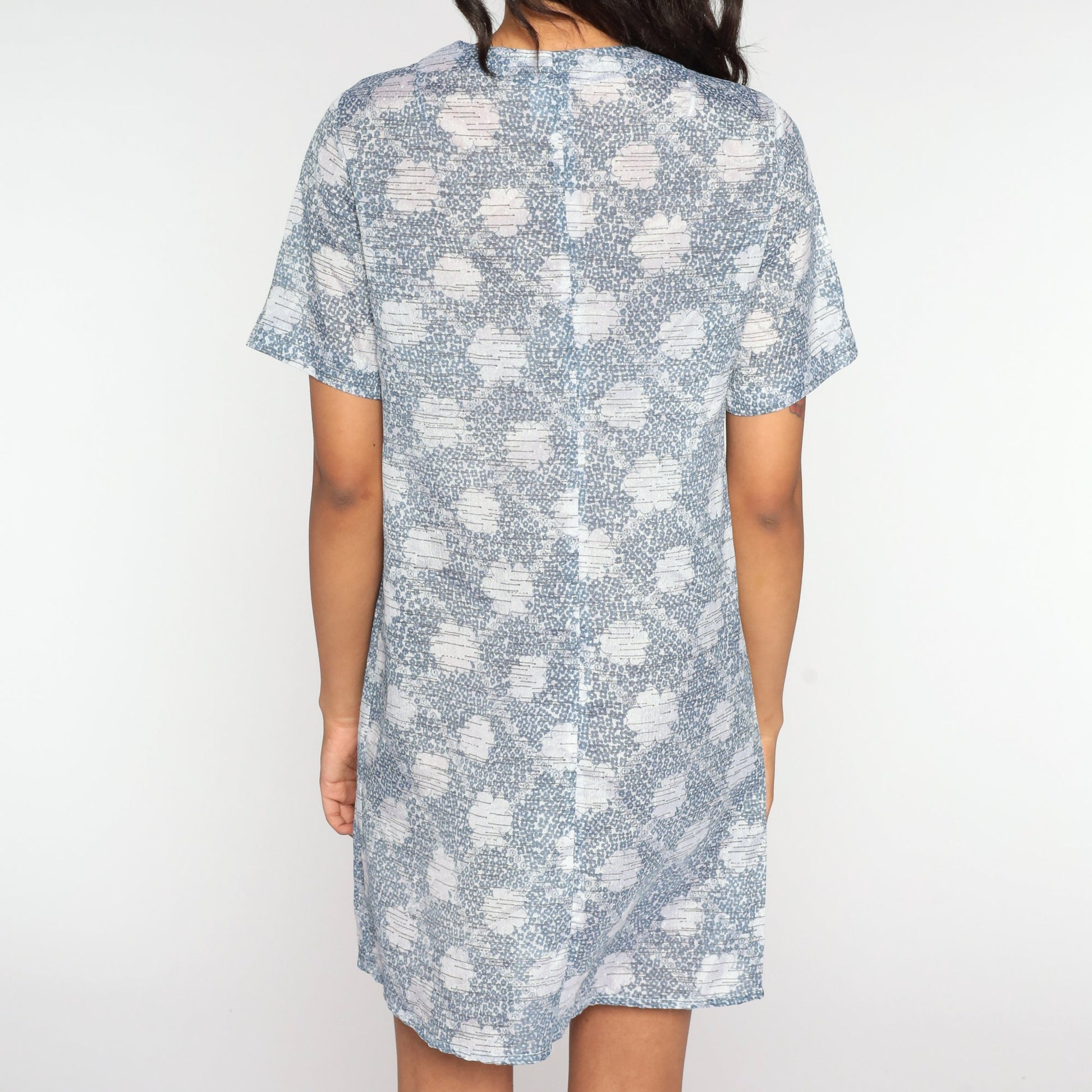 70s Mod Mini Shift Dress Cloud Print Button-Up Grey Medium
