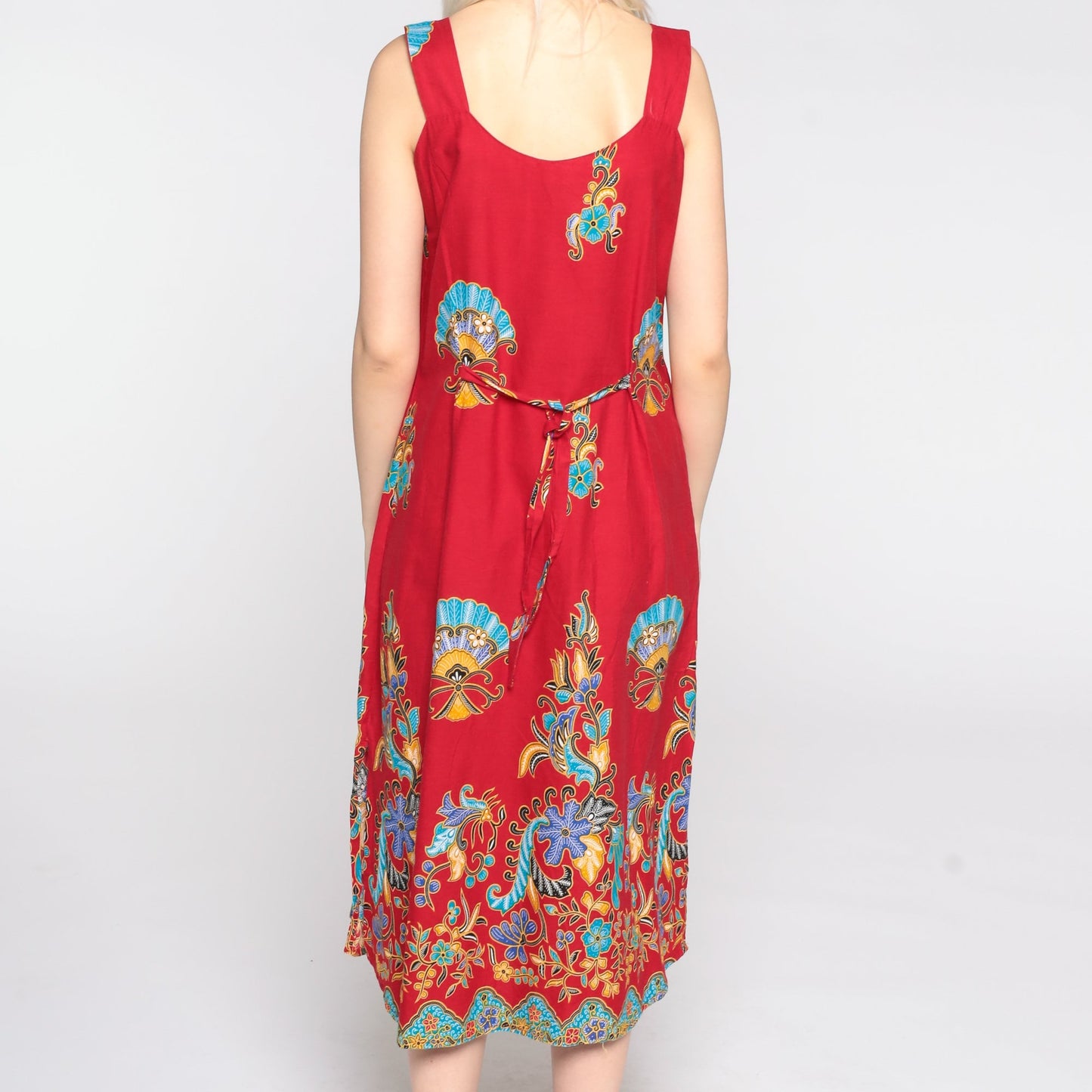 90s Red Floral Midi Dress Sleeveless Sheath Sundress Small