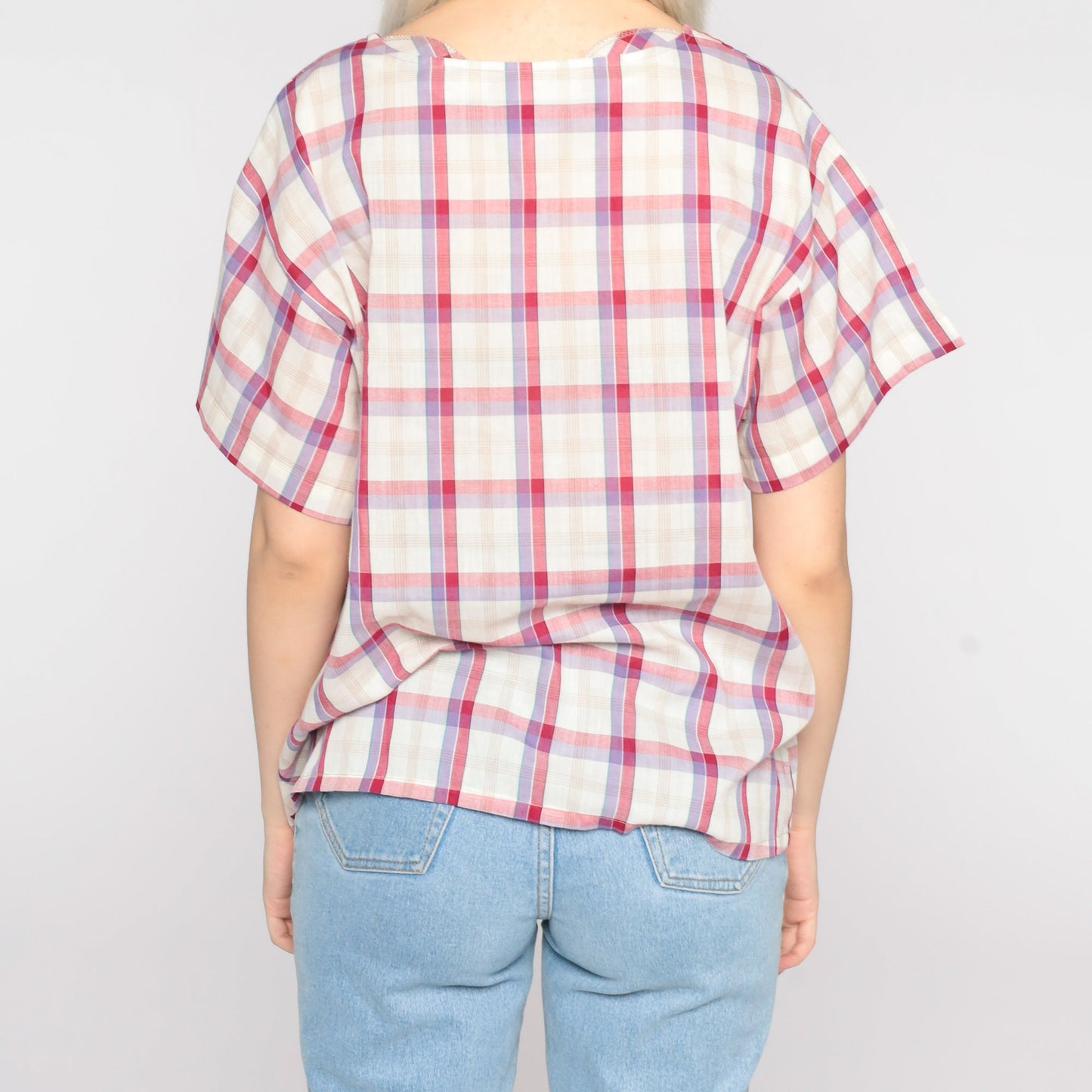 80s Koret Plaid Button-Up Blouse White Pink Cap Sleeve Medium