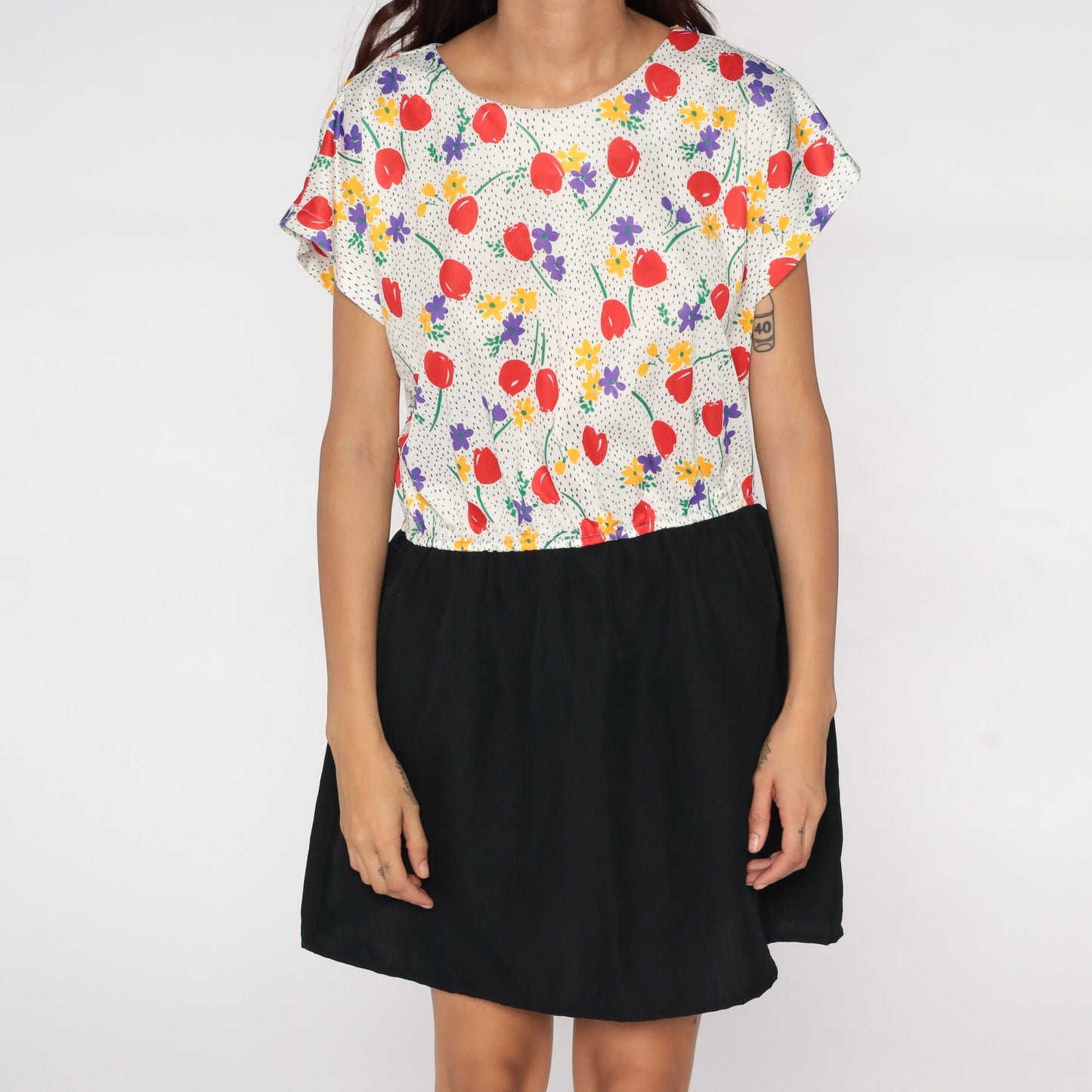 70s Floral Mini Dress White Bodice Black Skirt High Waist Wool Cap Sleeve Extra Large
