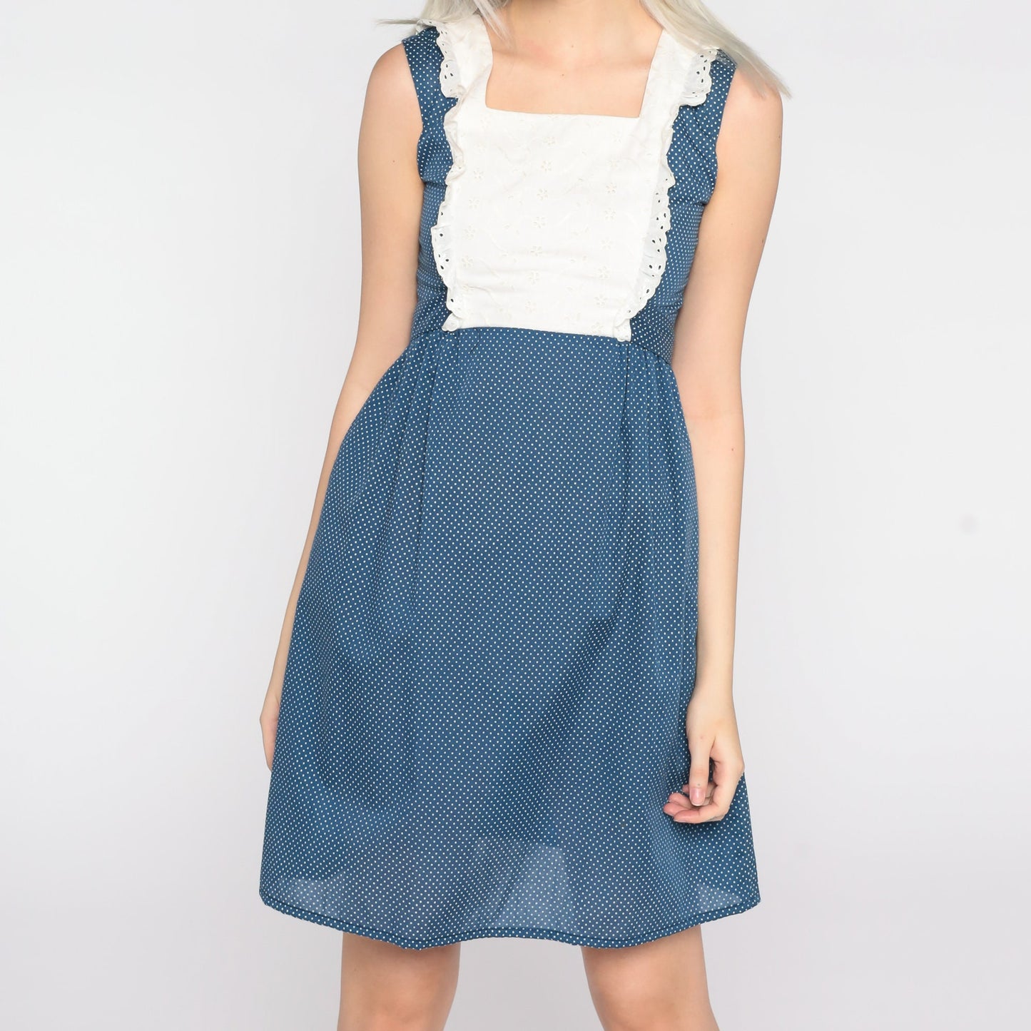 70s Blue Polka Dot Mini Dress Eyelet Lace Bib Empire Waist Extra Small