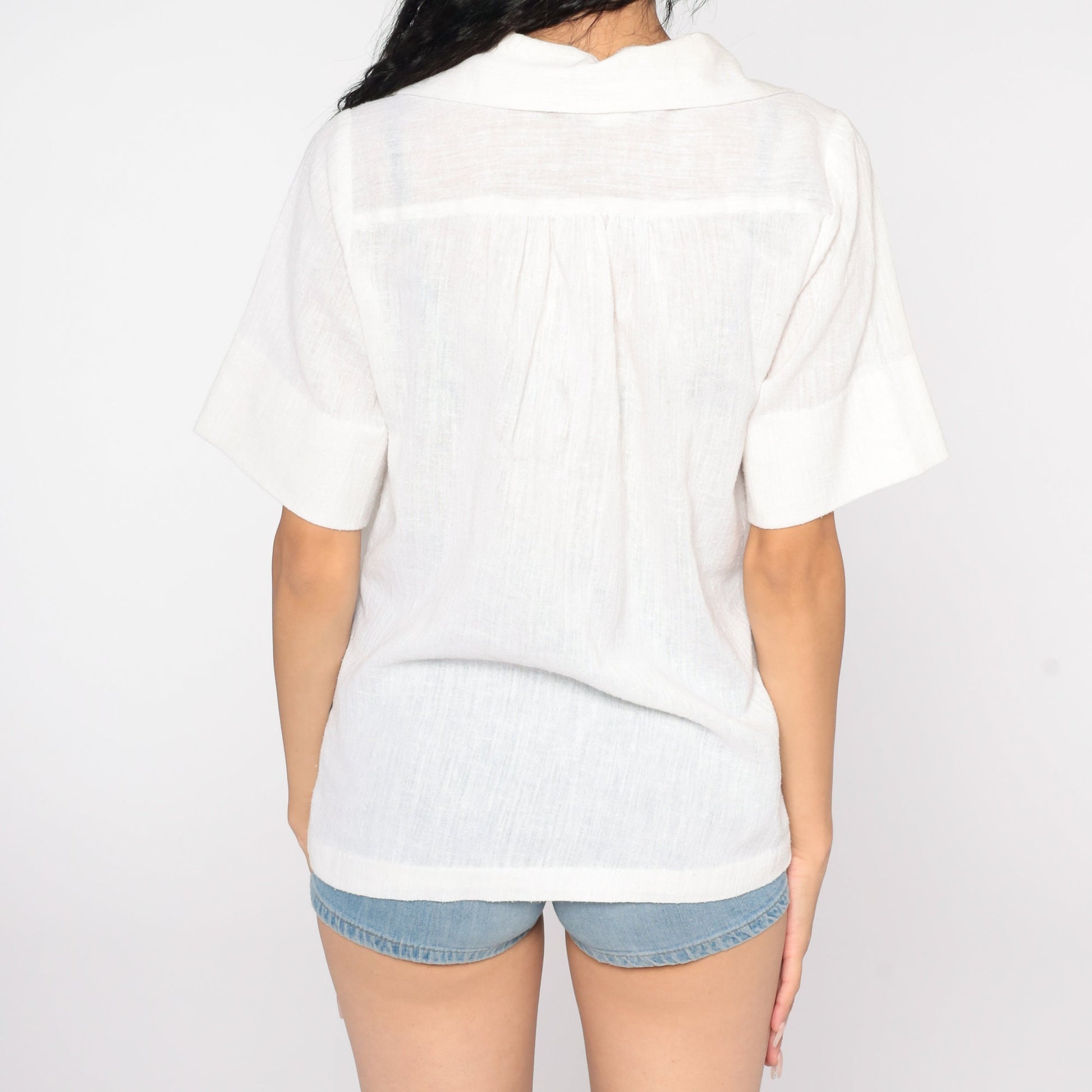 70s Teddi of California White Gauze Tunic Top Short Sleeve V Neck Large
