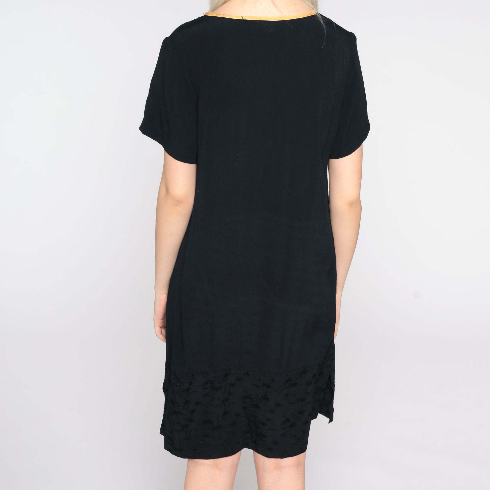 90s Black Mini Shift Dress Floral Embroidery Short Sleeve Small S