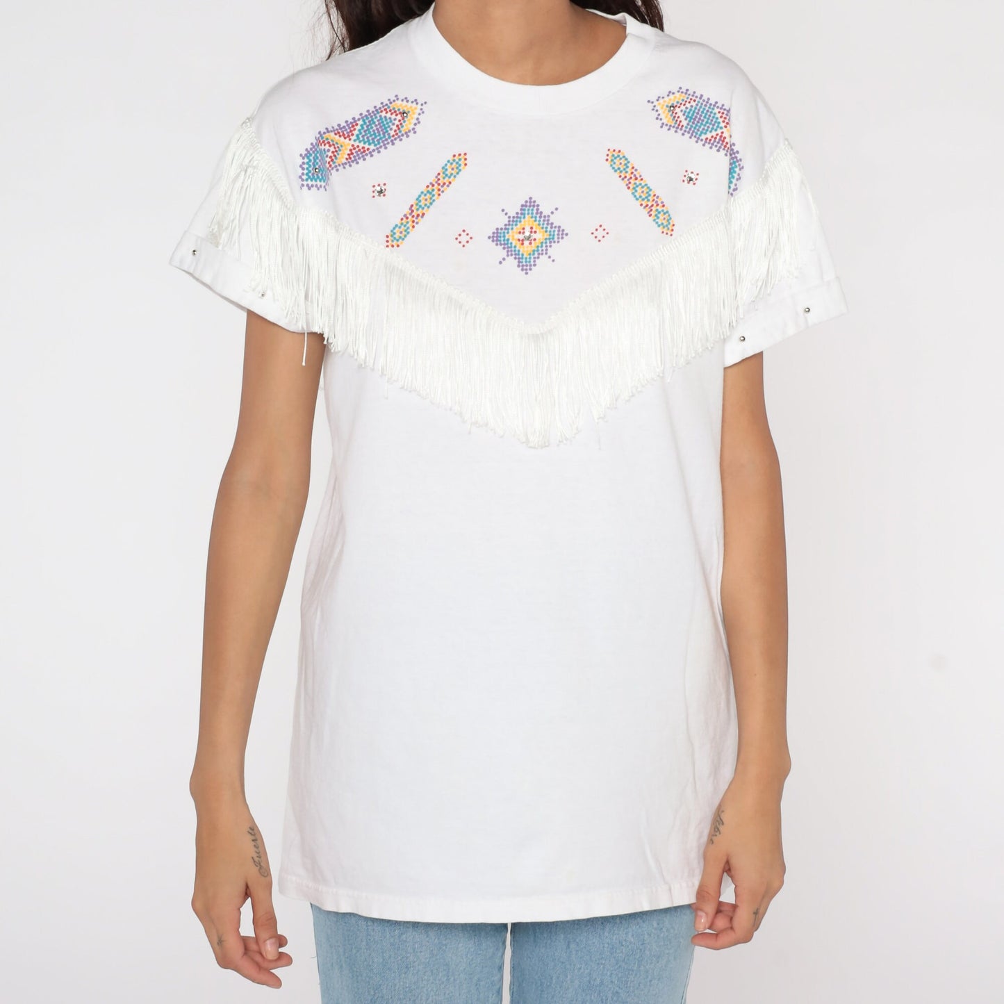 90s Southwest Studded Fringe Cotton T-Shirt White Graphic Tee Medium