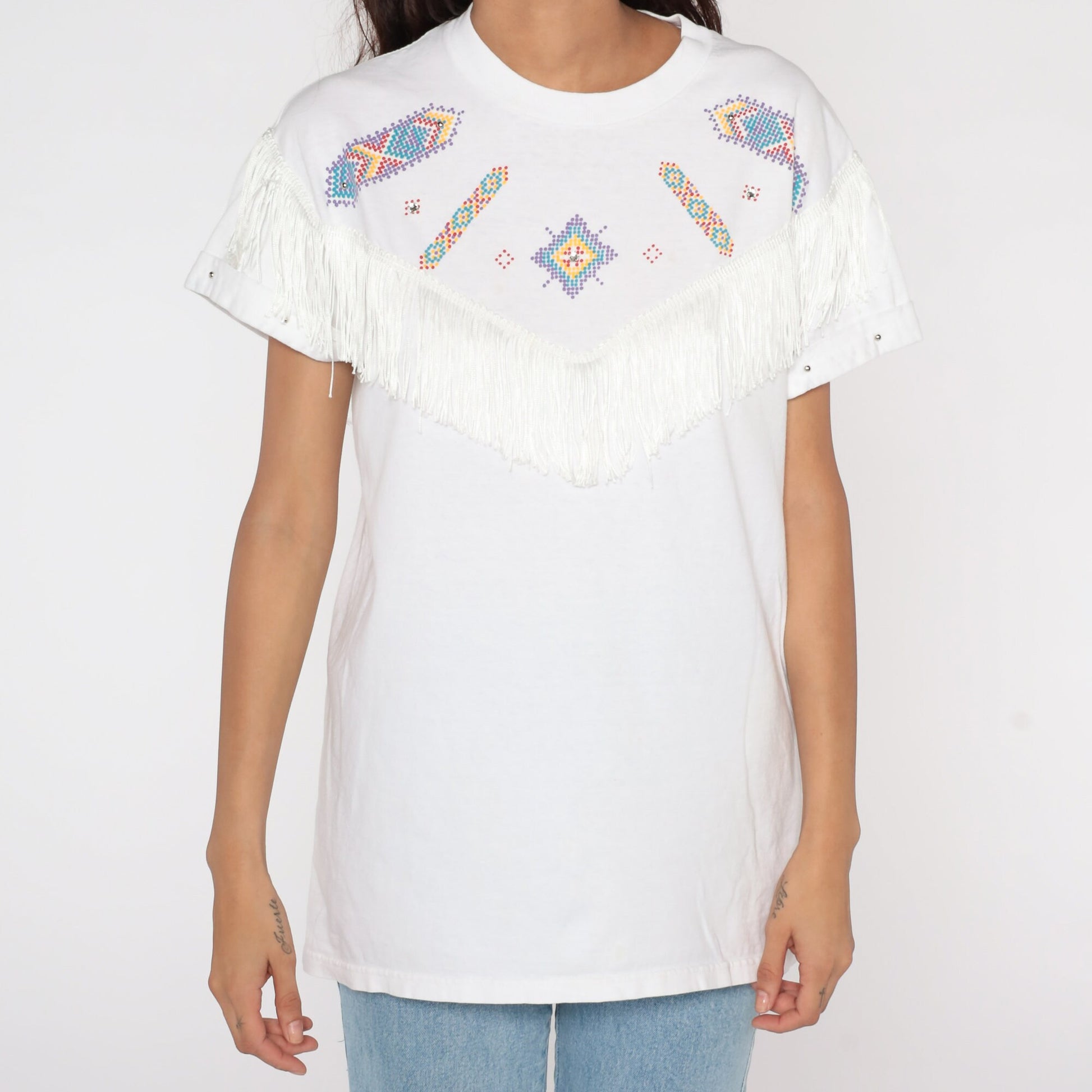 90s Southwest Studded Fringe Cotton T-Shirt White Graphic Tee Medium