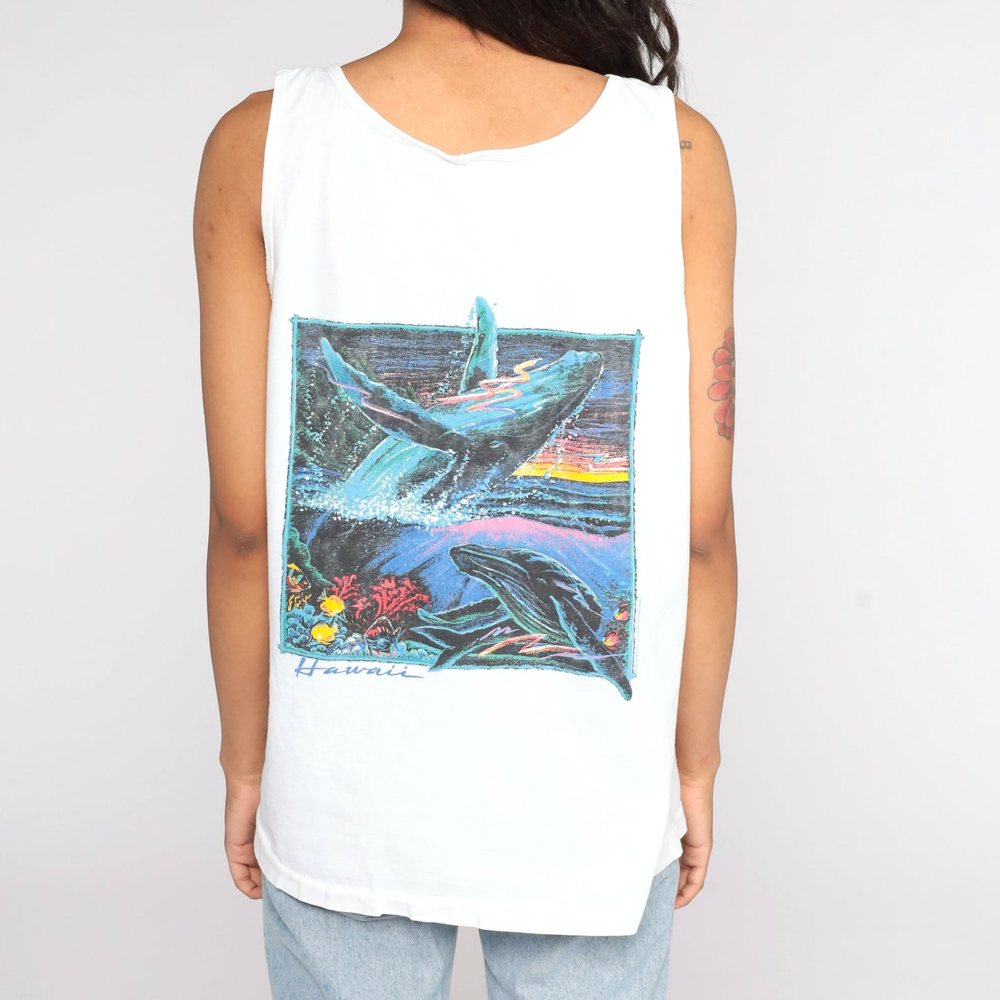 90s Maui Whale Watchers Association Tank Top Graphic Sleeveless Tee White Large