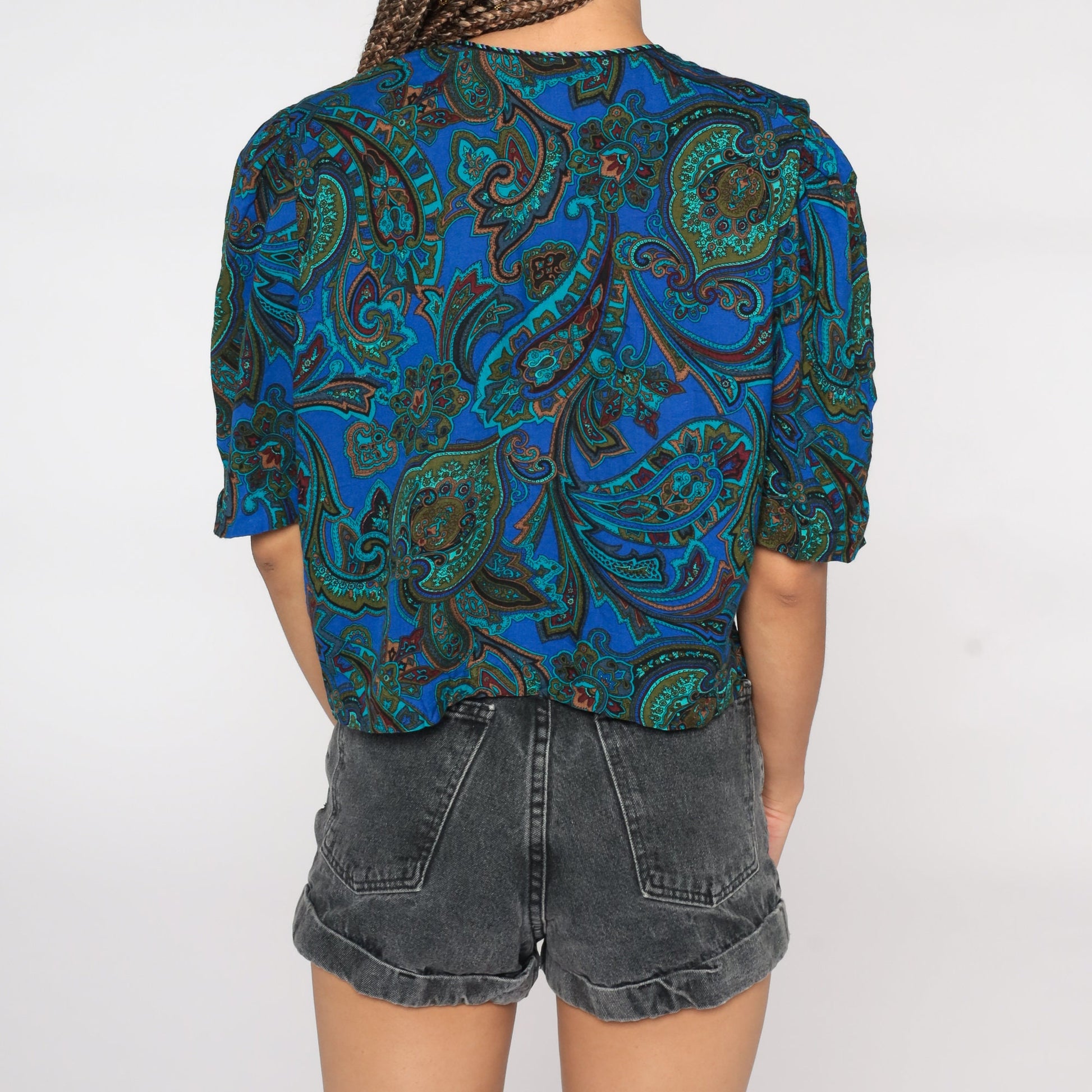 80s Paisley Puff Sleeve Button-Up Blouse Blue Medium