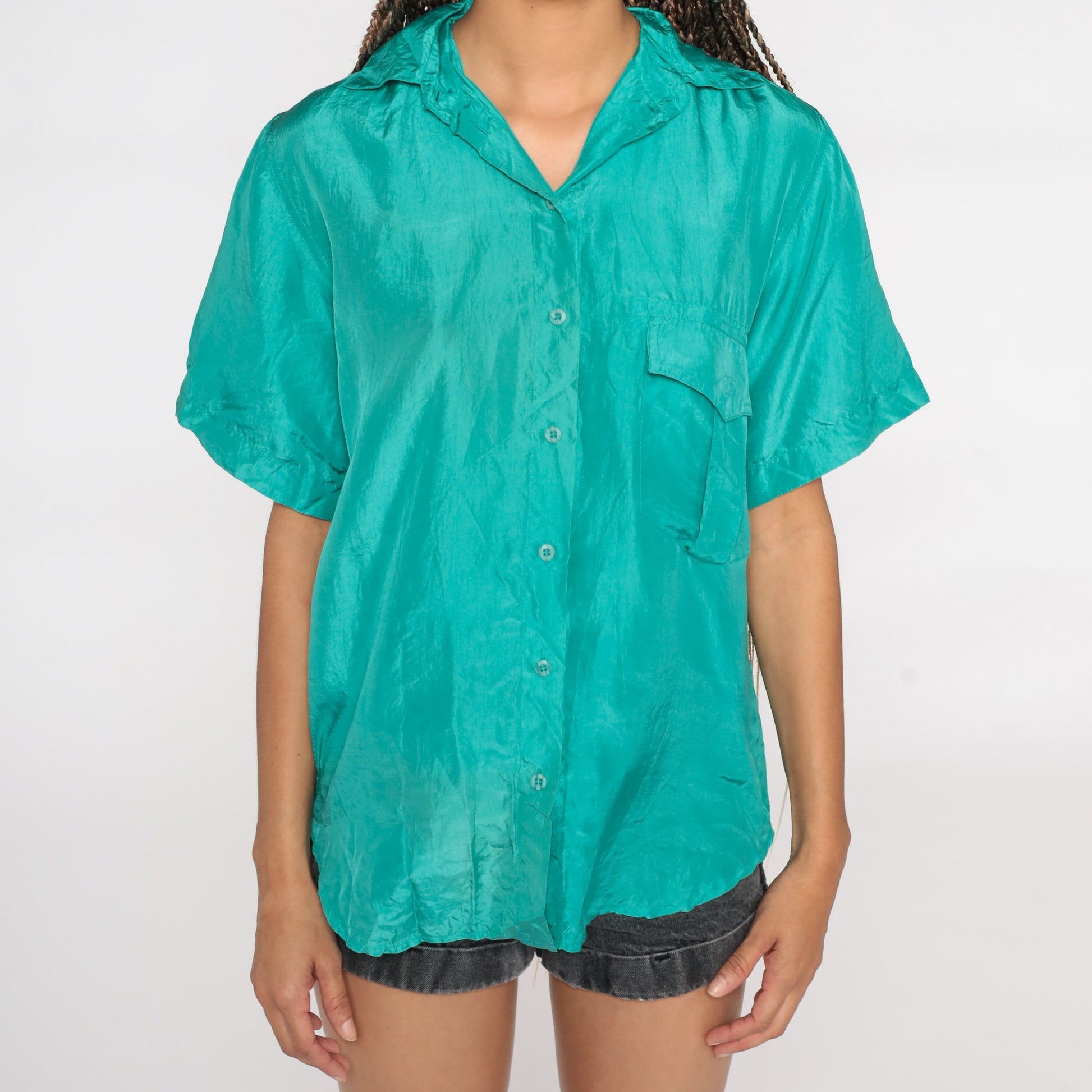 90s Turquoise Silk Button-Up Blouse Short Sleeve Medium