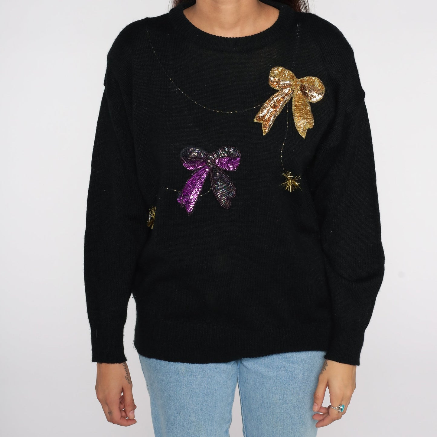 80s Beaded Bow Pullover Sweater Black Knit Large L