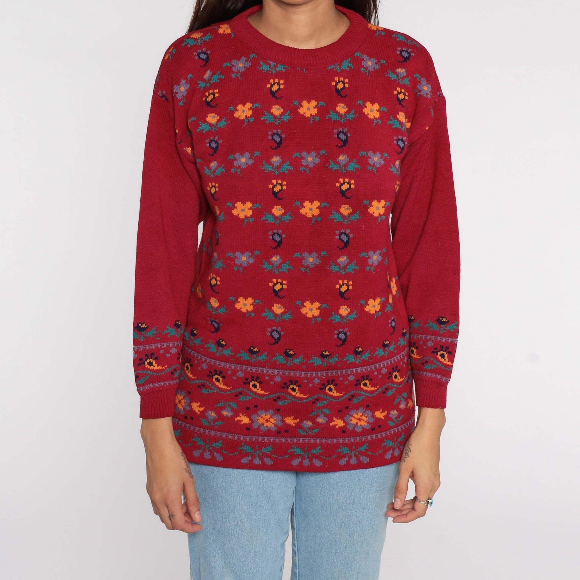 80s Paisley Floral Red Knit Sweater Pullover Small