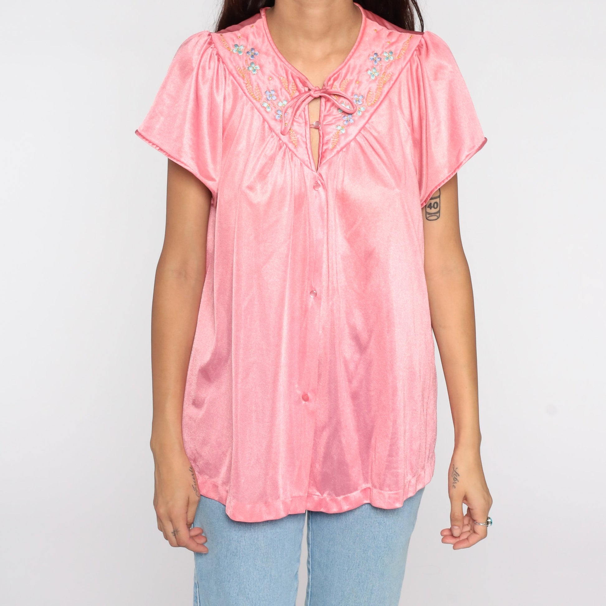 80s Vanity Fair Pink Nylon Pajama Shirt Puff Sleeve Button-Up Medium