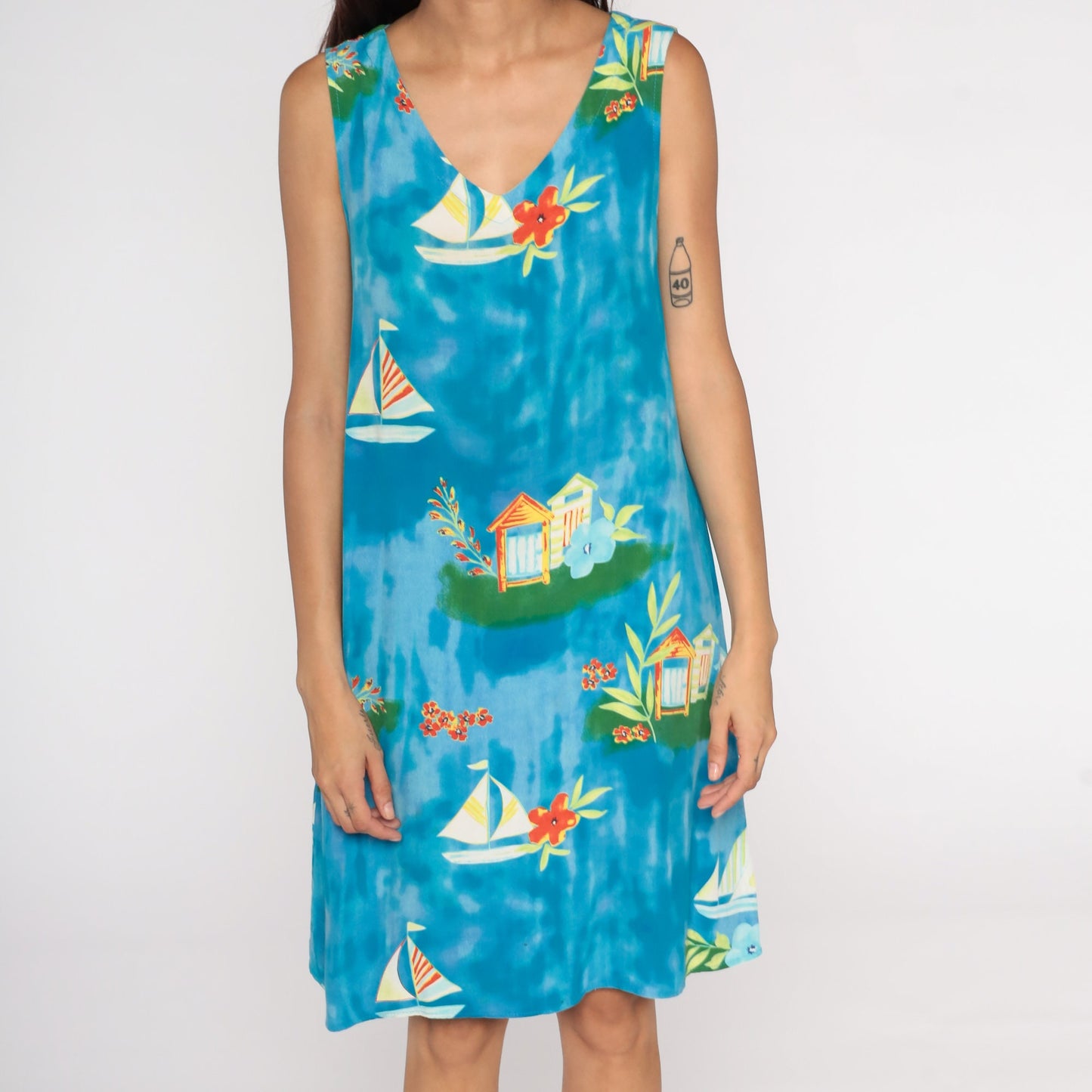 90s Sailboat Floral Mini Dress Sleeveless Shift Sundress Blue Medium