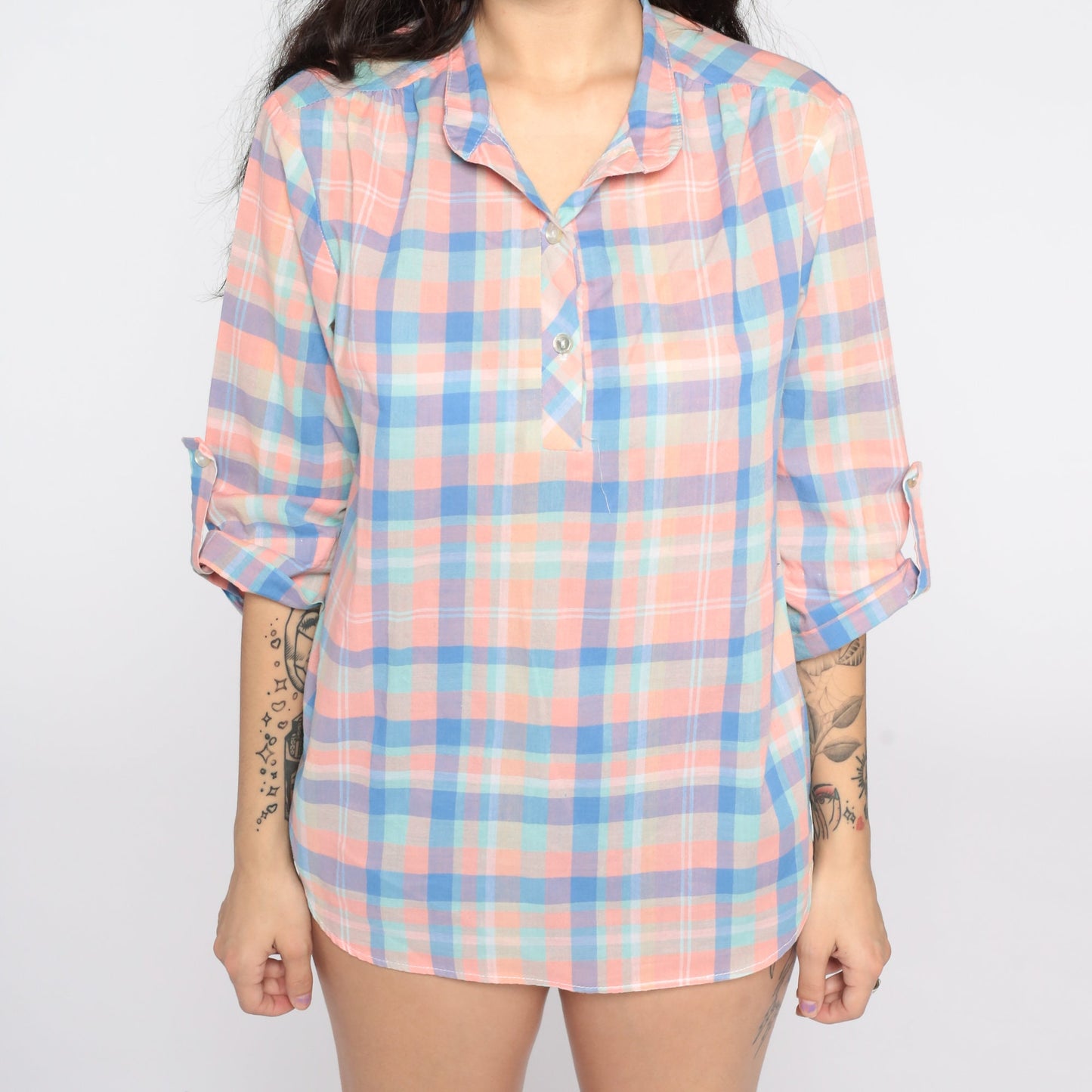 80s Pink Plaid Button-Up Blouse Checkered Cotton Shirt Medium