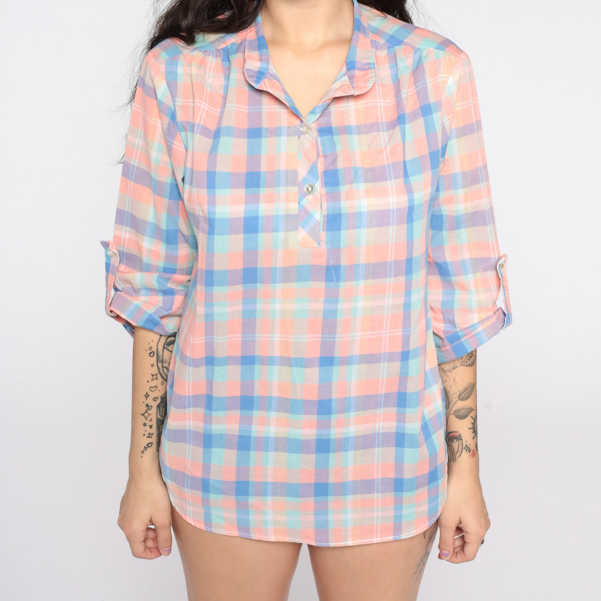 80s Pink Plaid Button-Up Blouse Checkered Cotton Shirt Medium