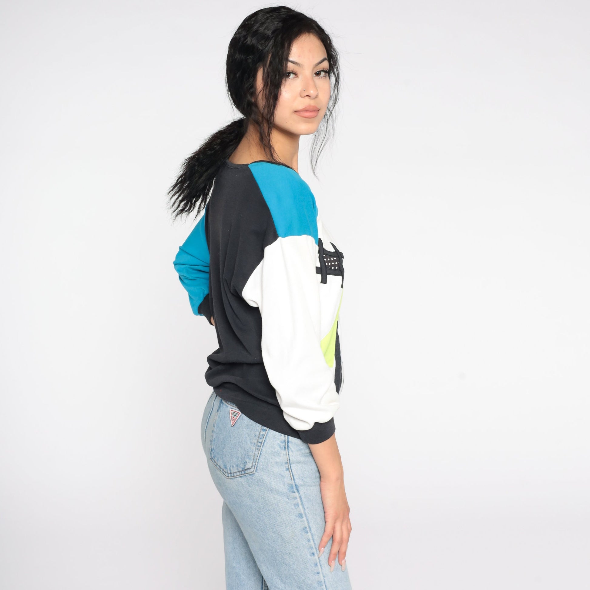 80s Colour Block Striped Sweatshirt Blue Green Crewneck Pullover Small
