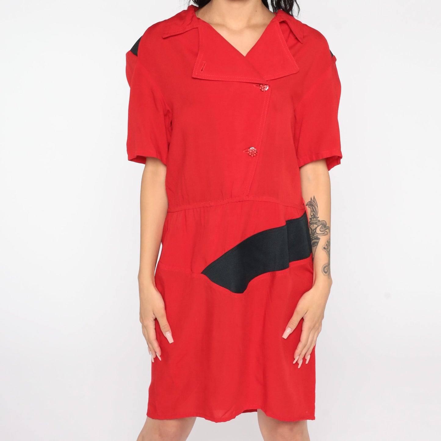 80s Red Mini Sheath Dress Button-Up V-Neck Short Sleeve Medium Large