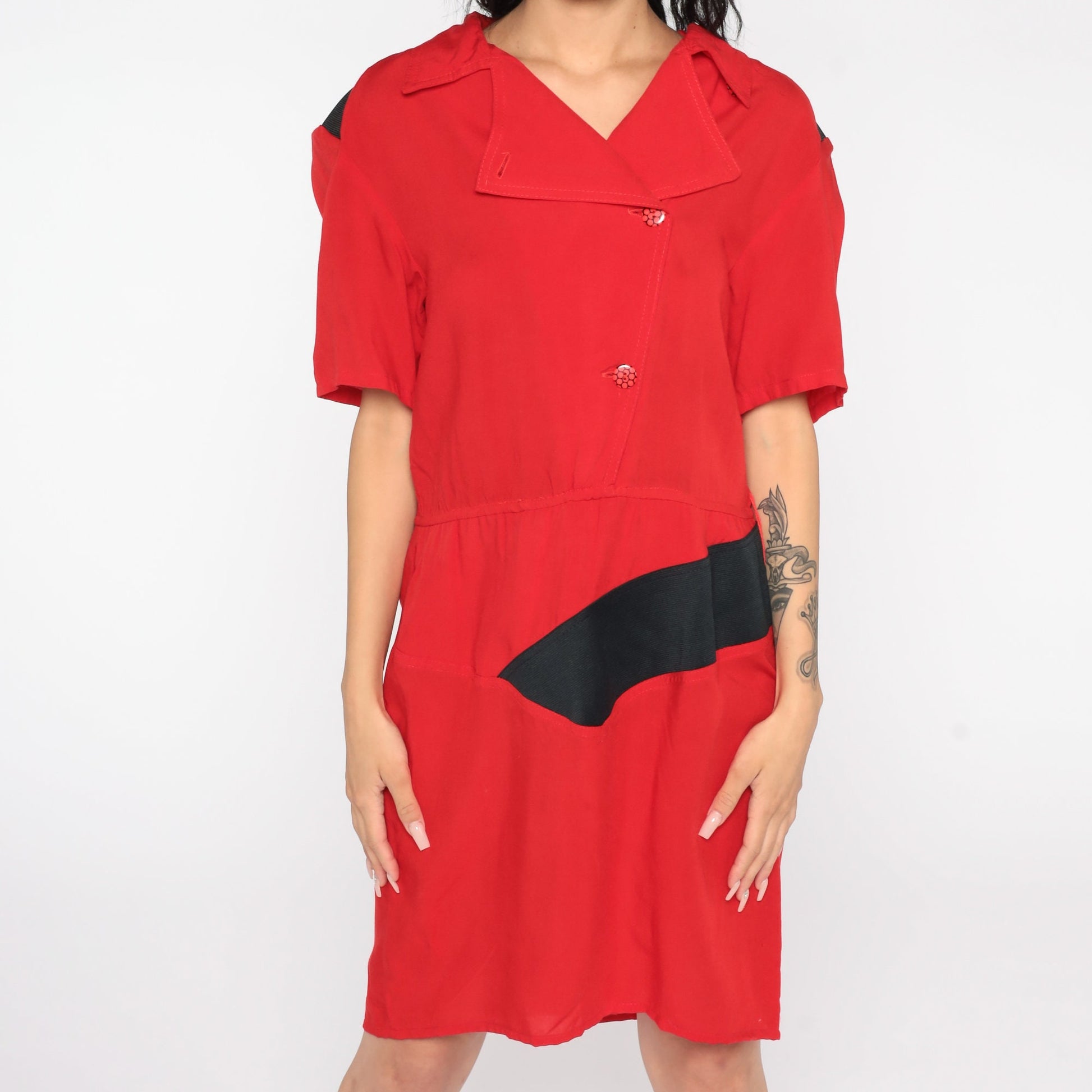 80s Red Mini Sheath Dress Button-Up V-Neck Short Sleeve Medium Large
