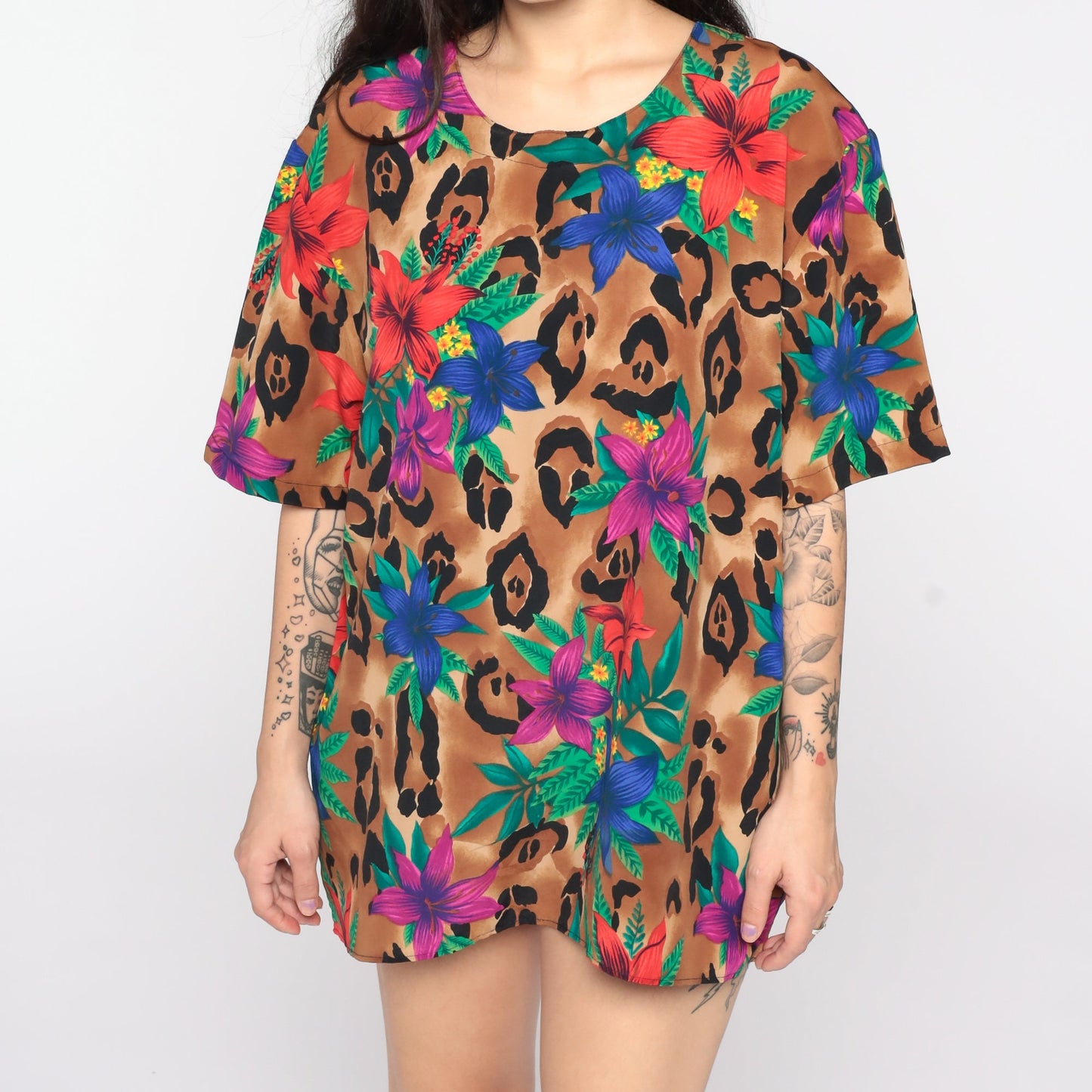 90s Tropical Floral Leopard Print Short Sleeve Blouse Large
