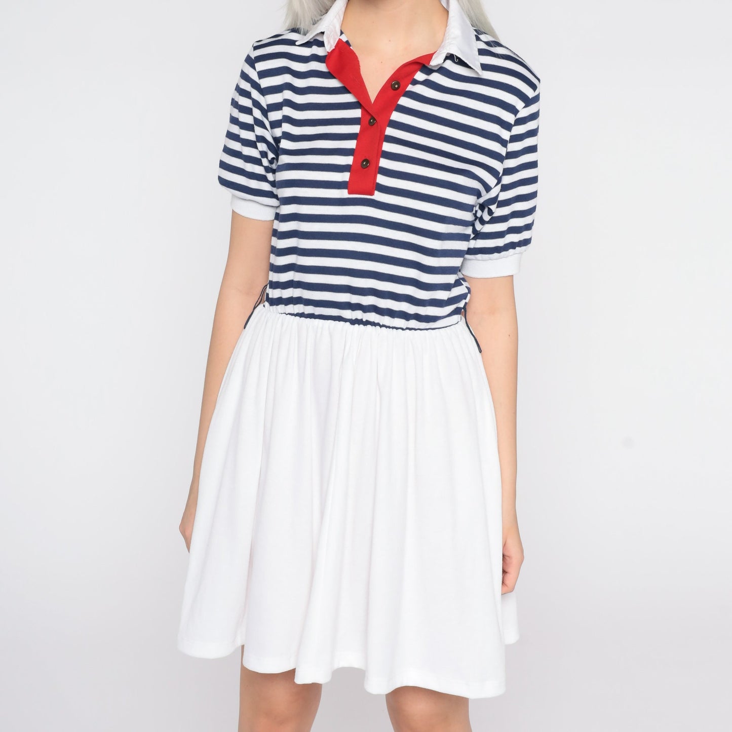 80s Nautical Striped Mini Dress White Blue Sailor High Waist Small S
