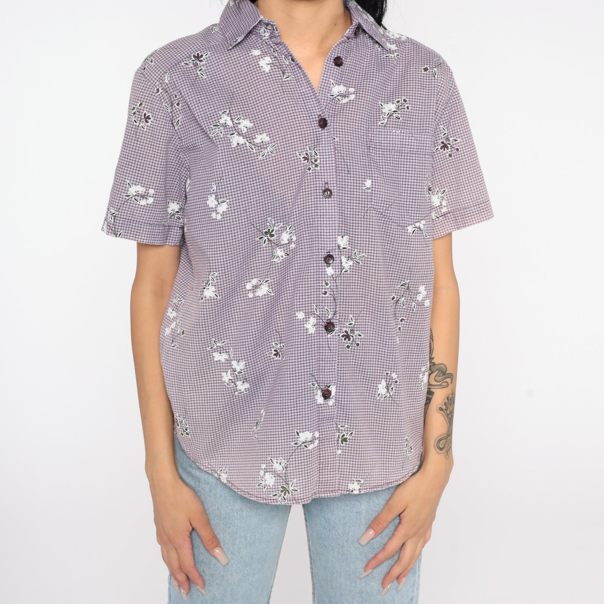90s Purple Gingham Floral Button-Up Shirt Short Sleeve Small Petite