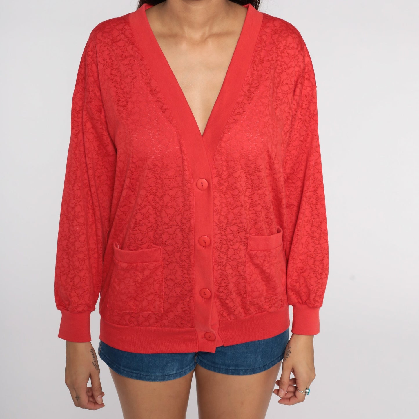 80s Red Floral Cardigan Sweatshirt Semi-Sheer Button-Up Medium Large