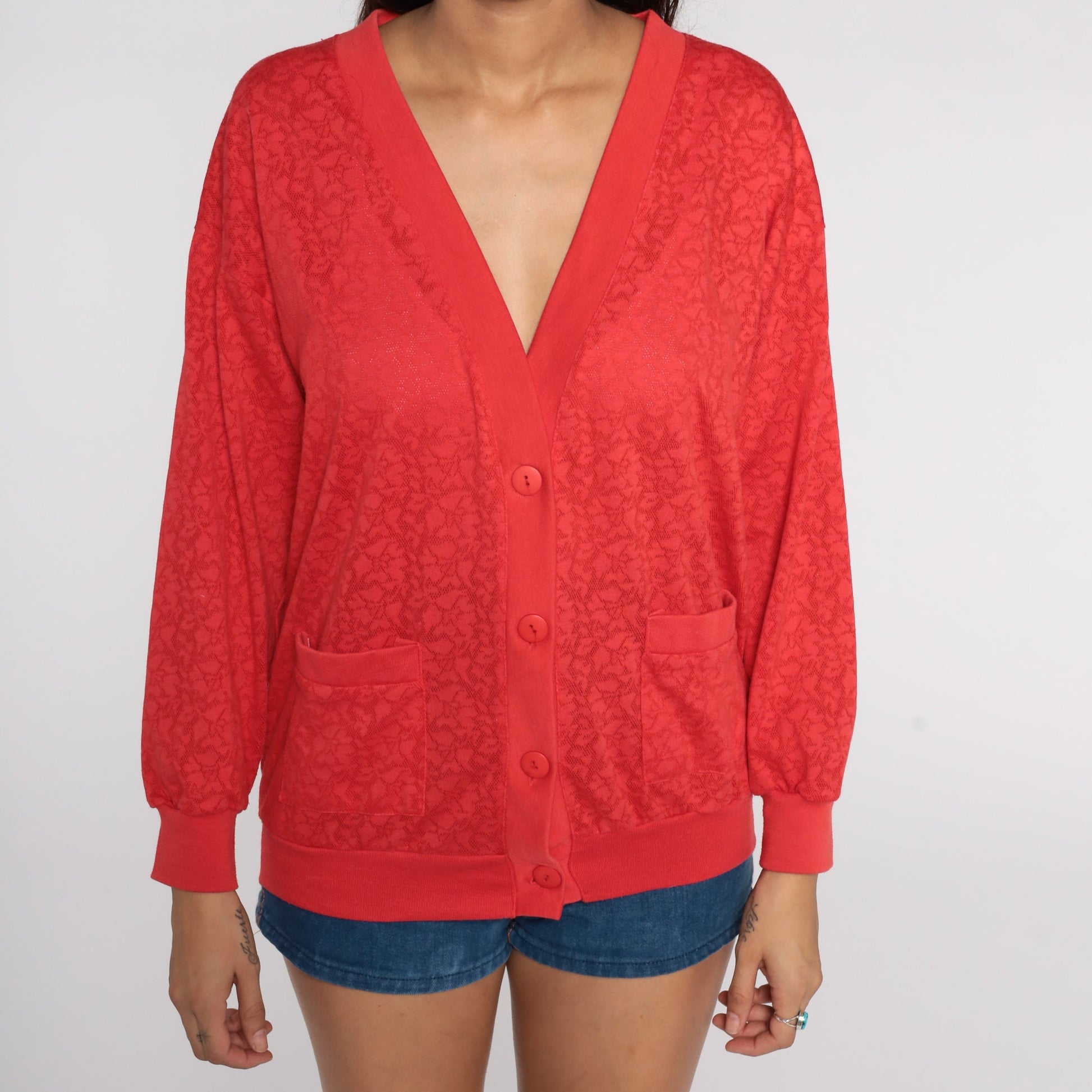 80s Red Floral Cardigan Sweatshirt Semi-Sheer Button-Up Medium Large