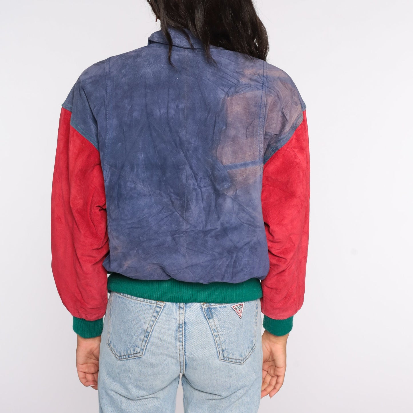 90s Wilsons Suede Varsity Jacket Colour Block Green Red Blue Small S