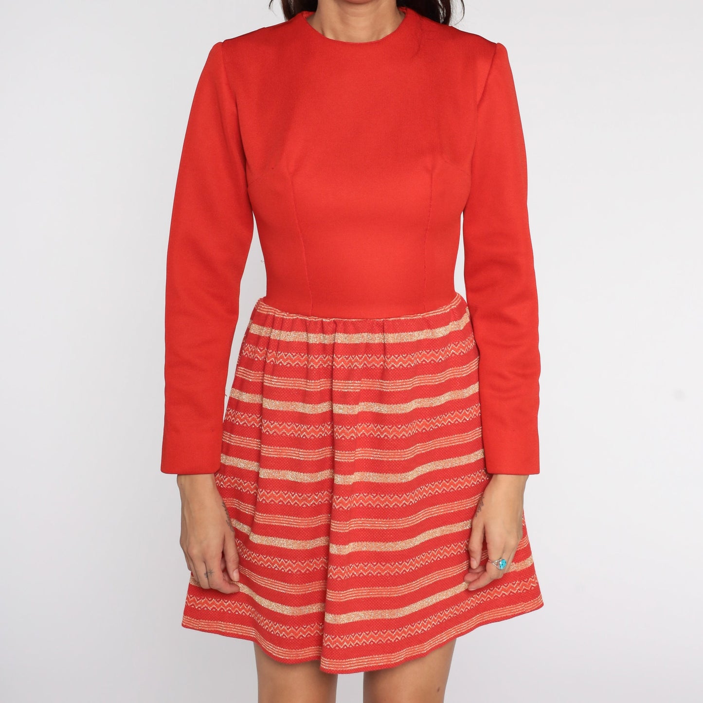 60s Mod Mini Dress Red Gold Striped Long Sleeve High Waist Small