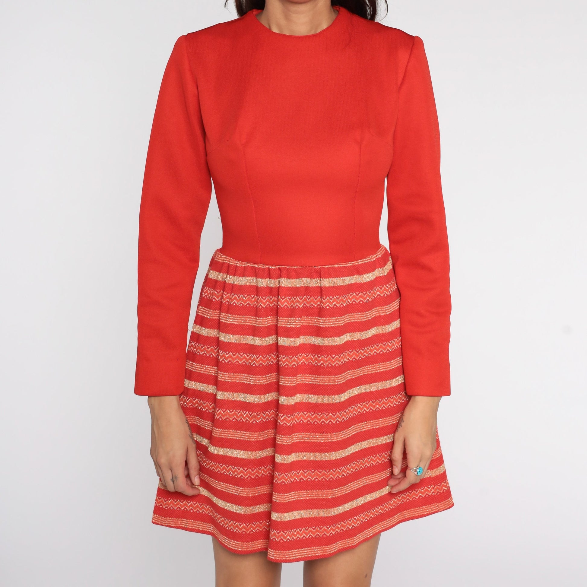 60s Mod Mini Dress Red Gold Striped Long Sleeve High Waist Small
