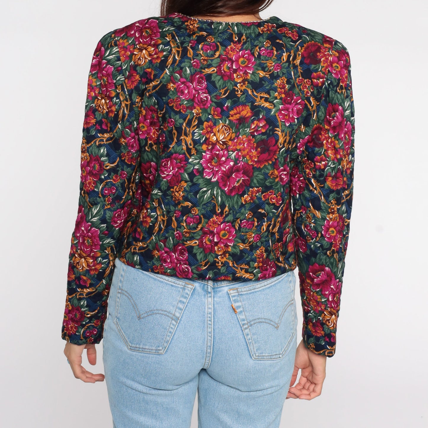 80s Quilted Floral Cropped Jacket Fuchsia Button-Up Medium