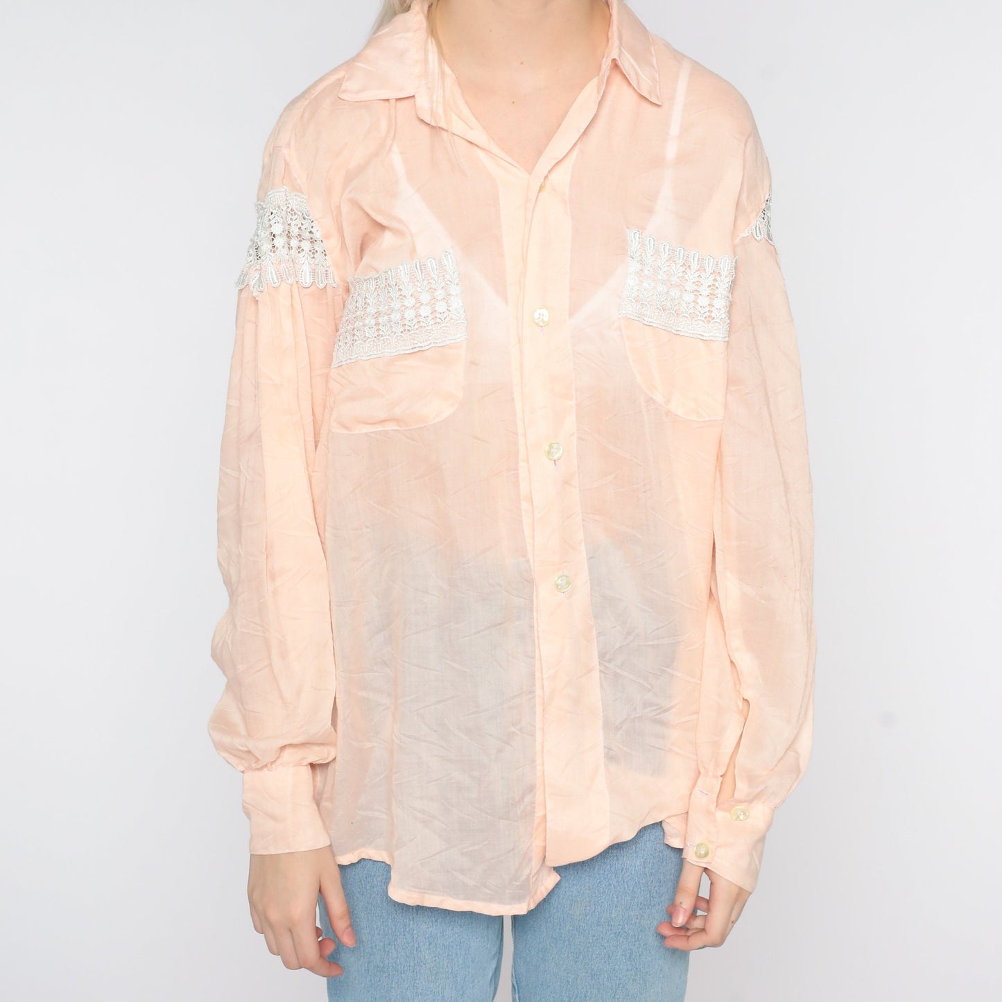 90s Sheer Crochet Lace Button-Up Blouse Peach Pink Long Sleeve Extra Large