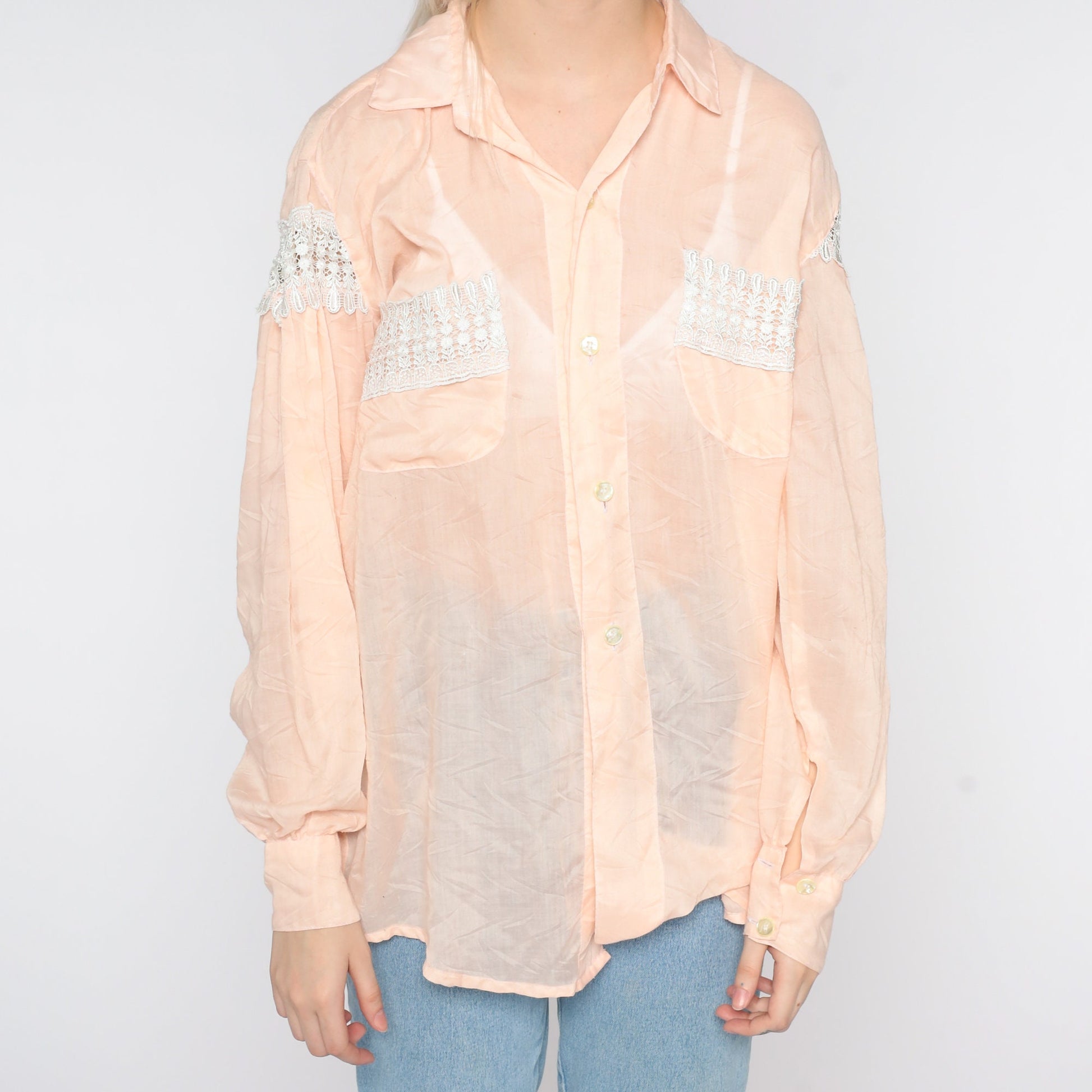 90s Sheer Crochet Lace Button-Up Blouse Peach Pink Long Sleeve Extra Large