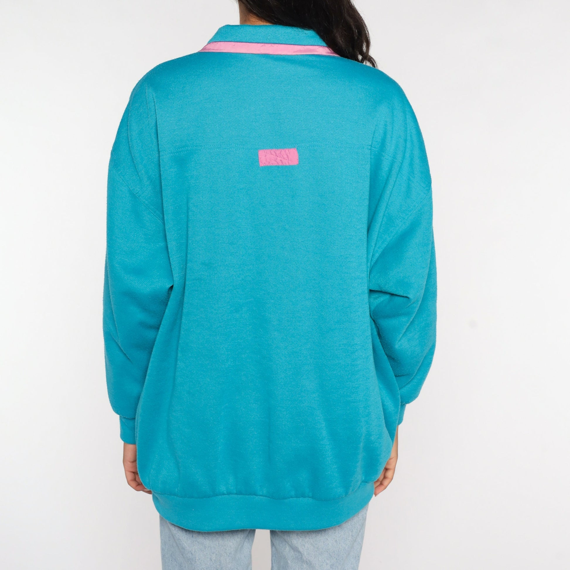 80s Turquoise Windbreaker Jacket Pink Purple Trim Snap Front Cotton Blend