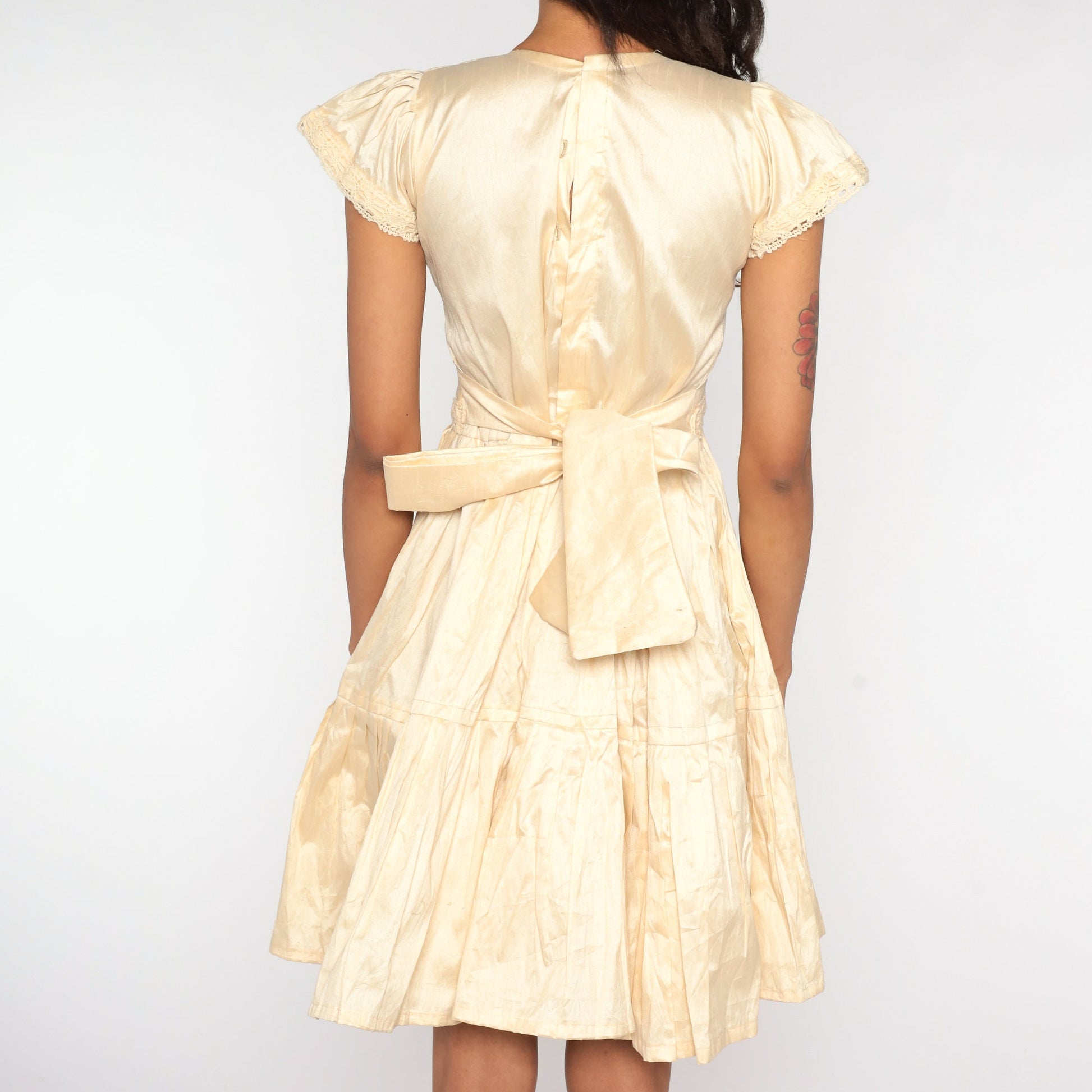 70s Cream Mini Dress Puff Sleeve High Waist Tiered Flounce Small