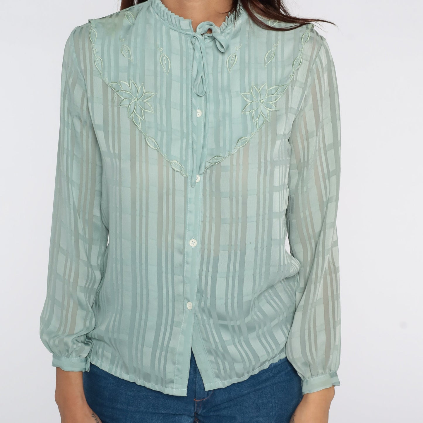 80s Blue Striped Floral Ascot Blouse Embroidered Sheer Button Up Small