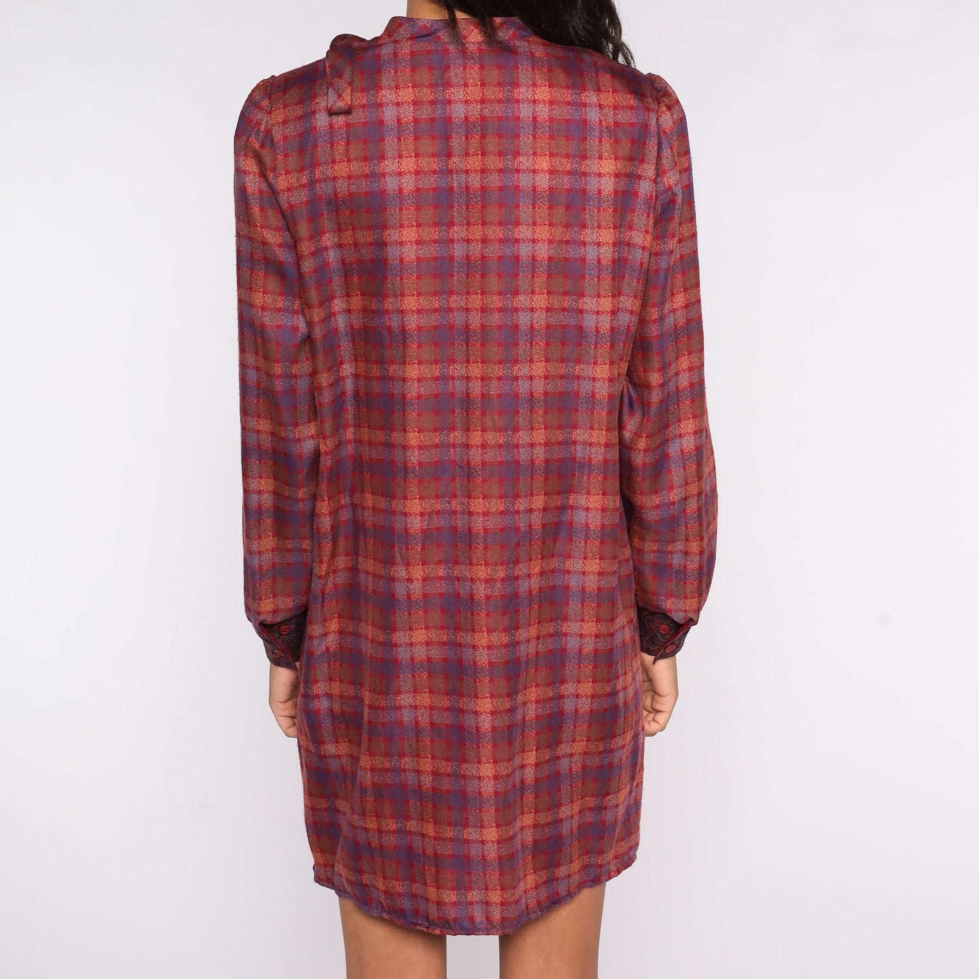 80s Plaid Mini Dress Red Brown Puff Sleeve Button Up Ascot Medium