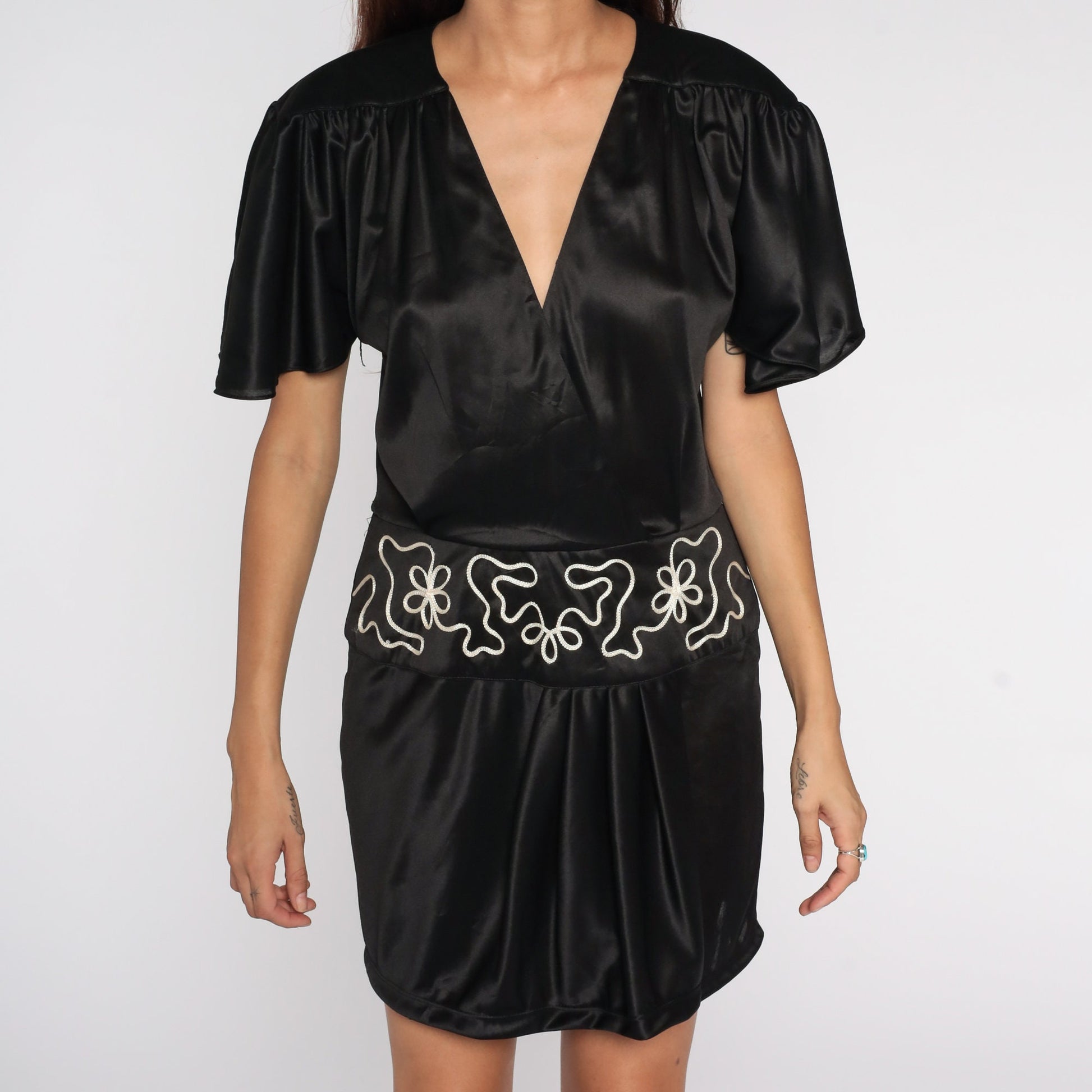 70s Fredericks of Hollywood Black Mini Dress Flutter Sleeve Deep V Wrap Neckline Medium Large
