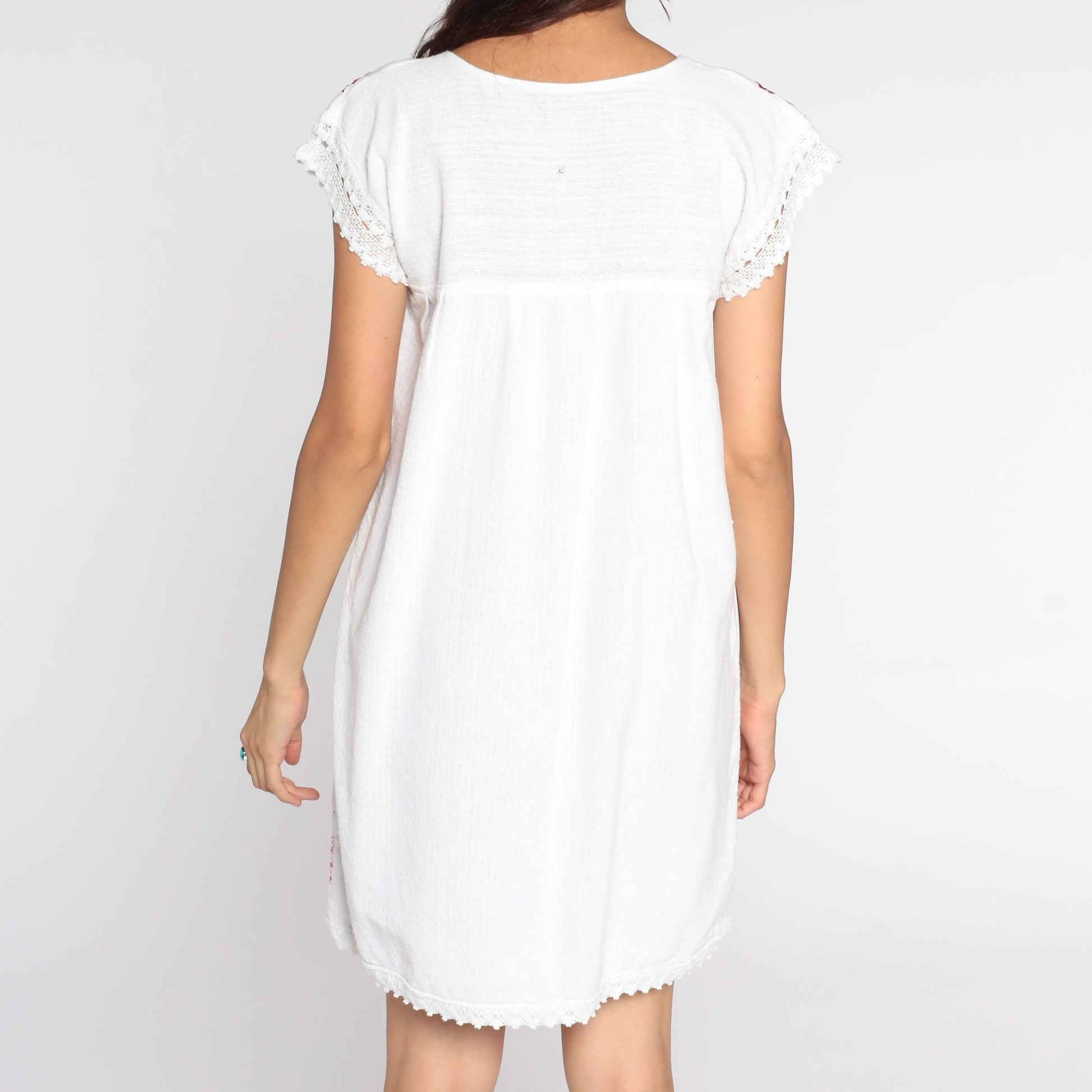 Vintage Mexican Embroidered White Cotton Mini Dress Pink Floral Small