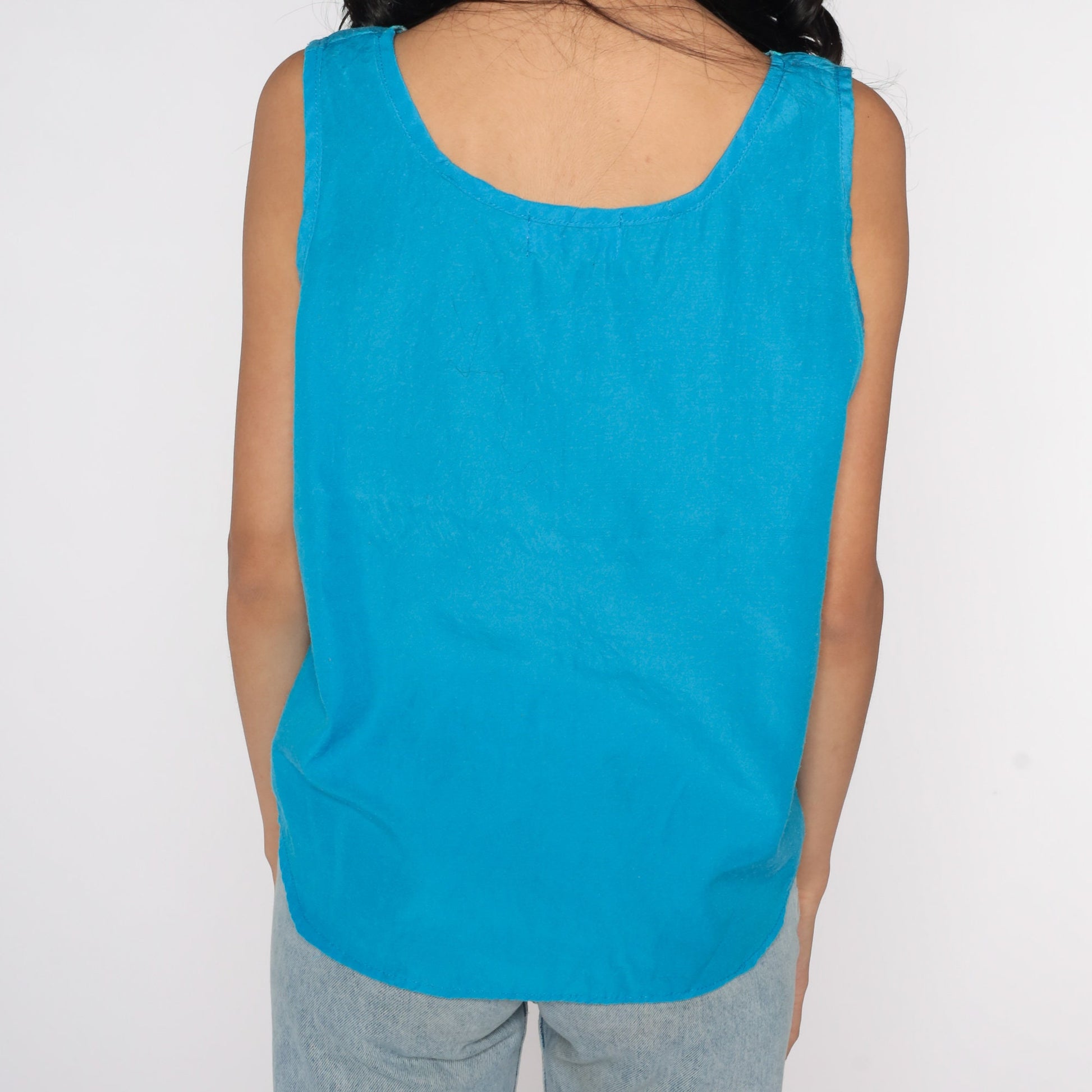 80s Blue Linen Tank Top Embroidered Butterfly Sleeveless Blouse Small