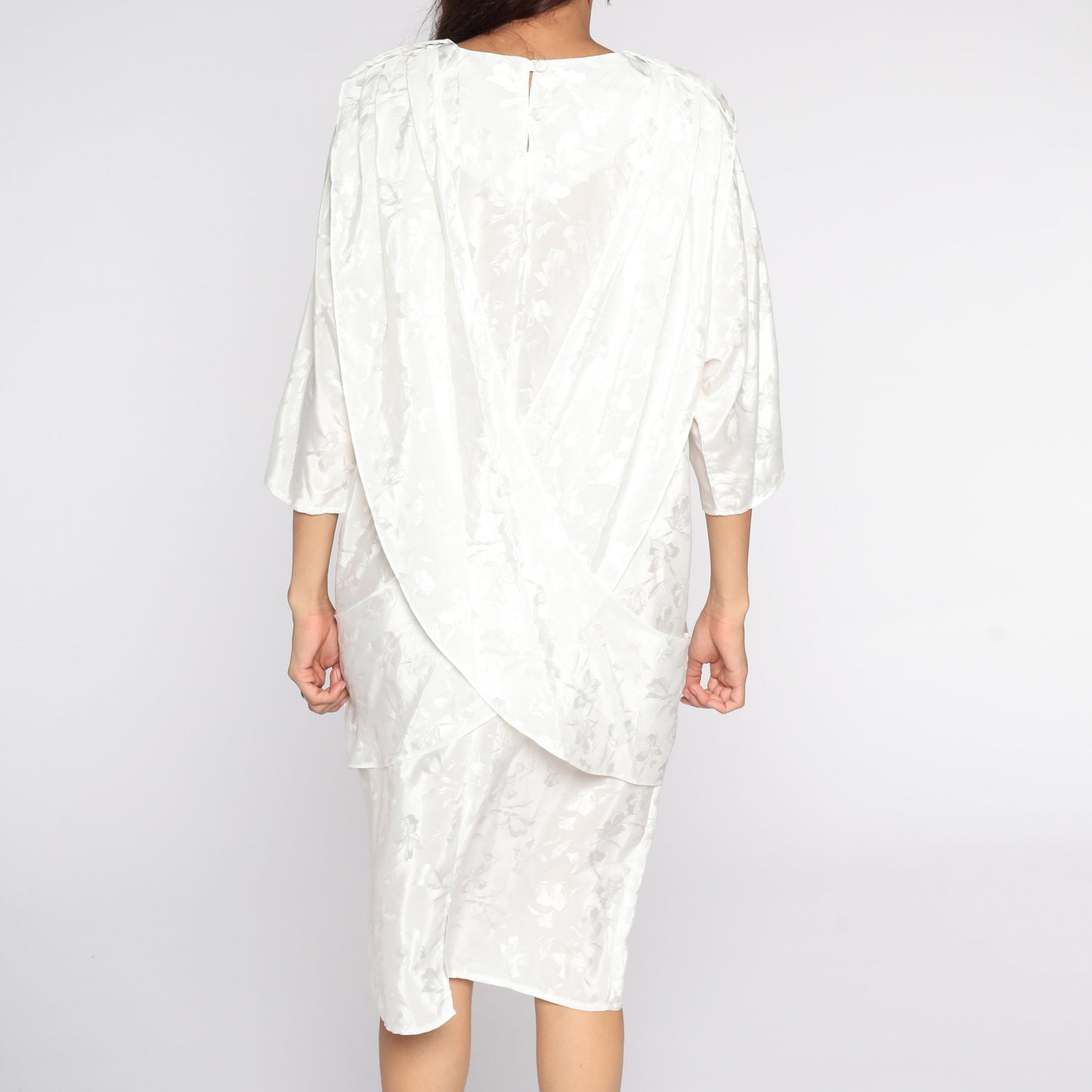 80s All That Jazz White Floral Embossed Midi Dress Draped Panel Medium