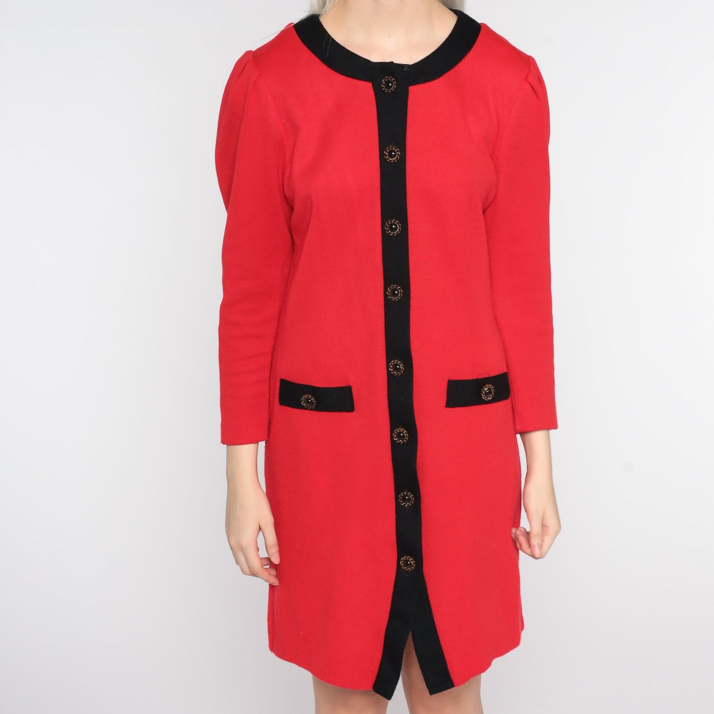 80s Red Mini Dress Puff Sleeve Button Up Black Trim Small